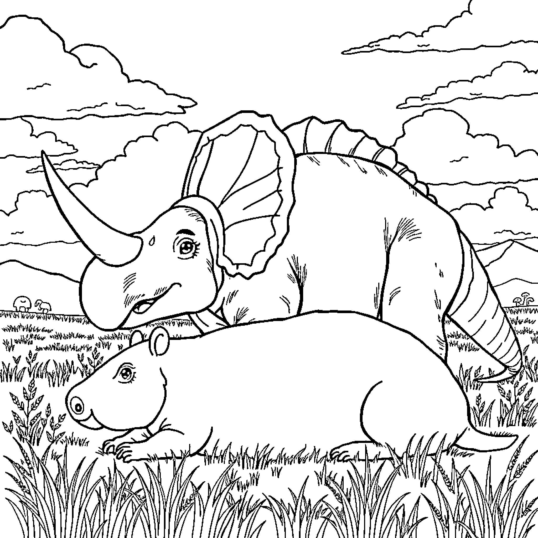 Capybara family strolling through the grassland Coloring Page (free black-and-white line drawing printable PDF for all, from beginners to advanced learners, including children, teens, adults, and seniors)
