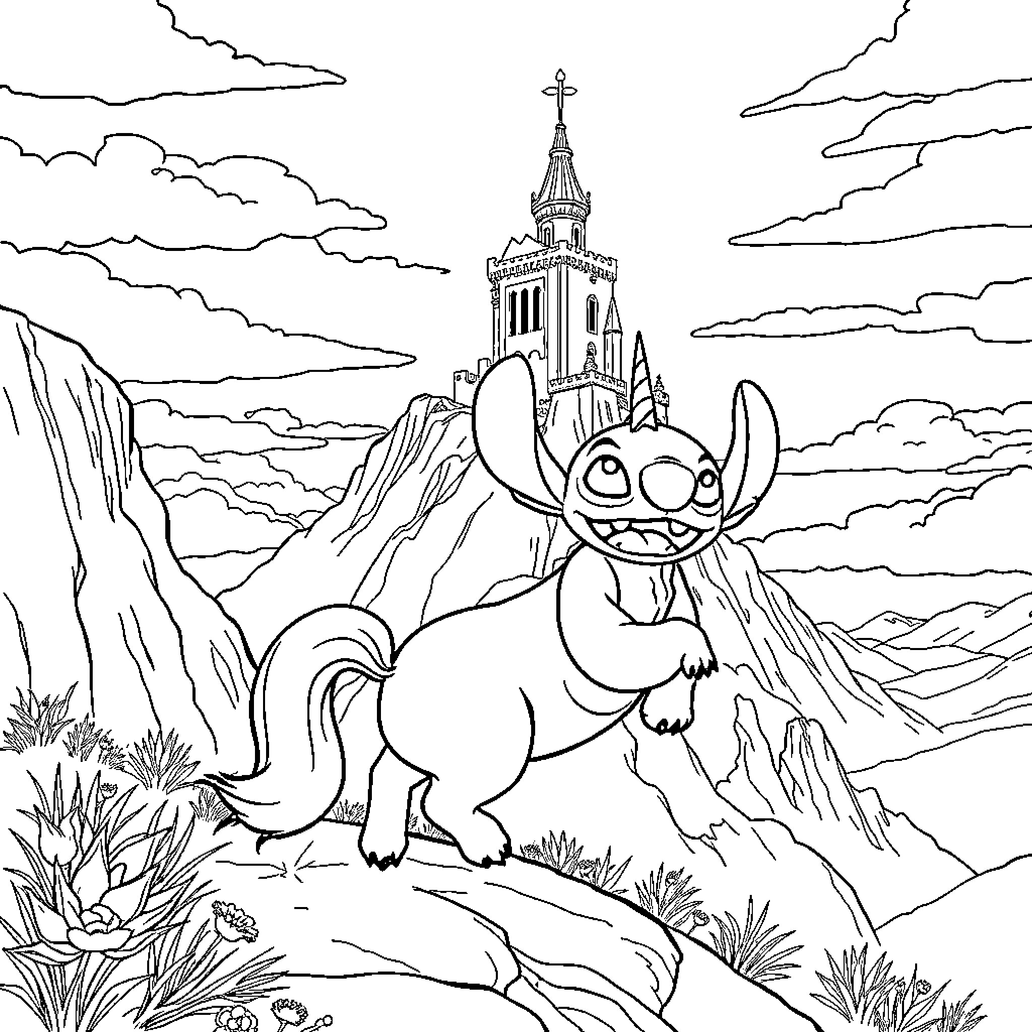 Stitch exploring the enchanting castle on a rocky mountain Coloring Page (free black-and-white line drawing printable PDF for all, from beginners to advanced learners, including children, teens, adults, and seniors)