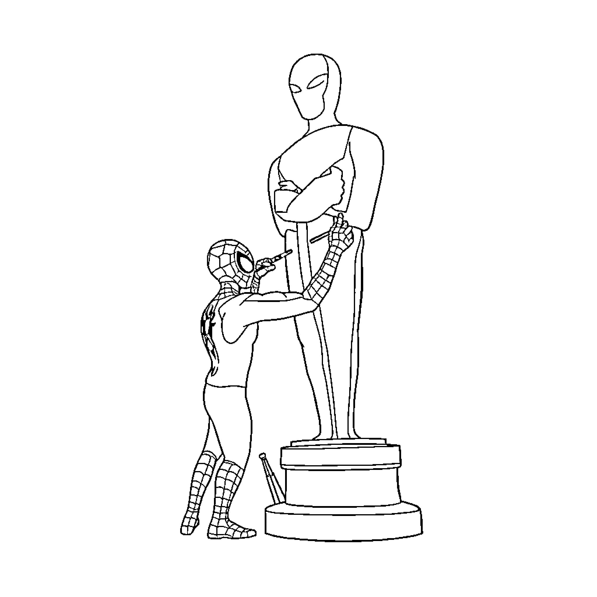 Spiderman standing tall on pedestal Coloring Page (free black-and-white line drawing printable PDF for all, from beginners to advanced learners, including children, teens, adults, and seniors)