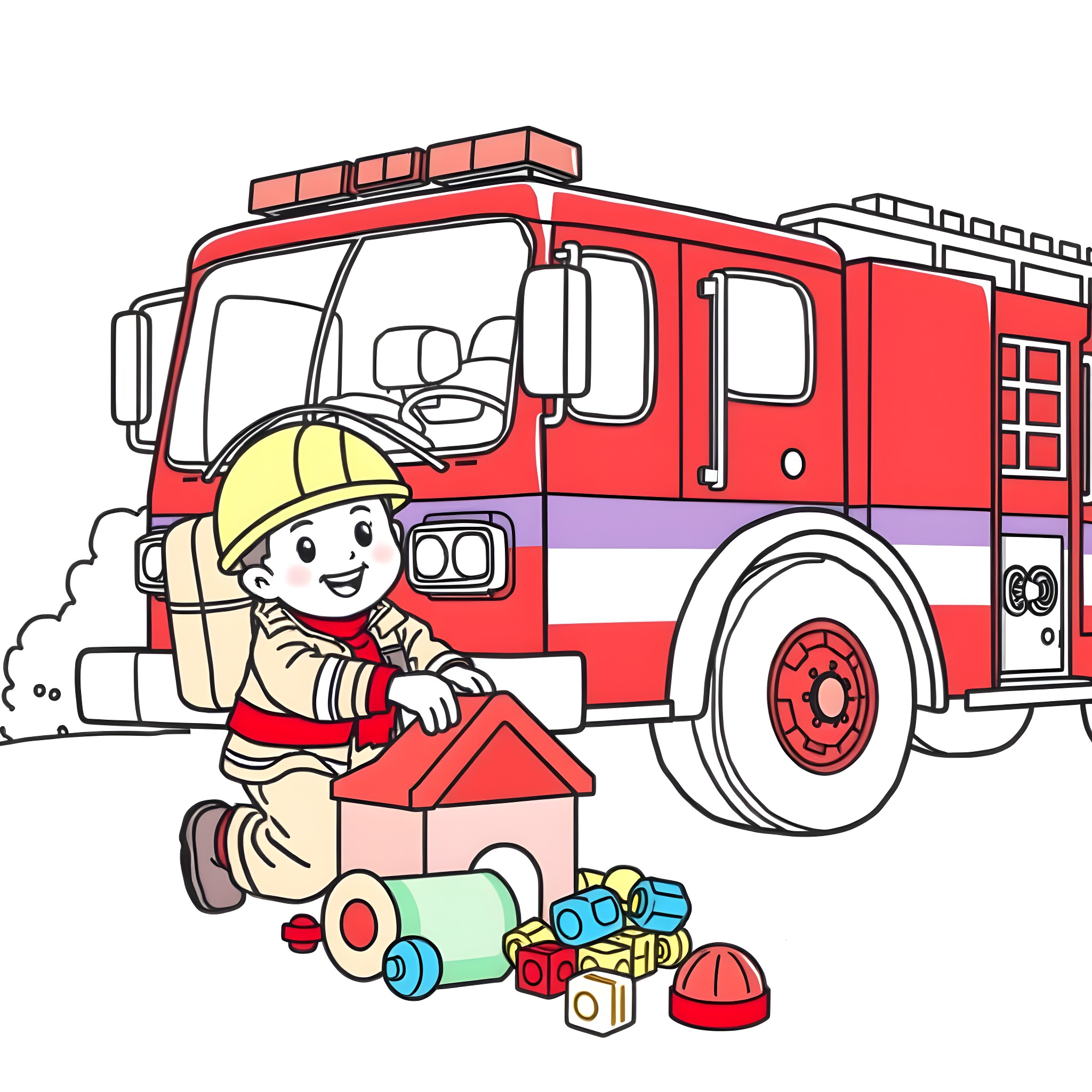 Firefighter playing with toys near fire truck Coloring Page (free black-and-white line drawing printable PDF for all, from beginners to advanced learners, including children, teens, adults, and seniors)