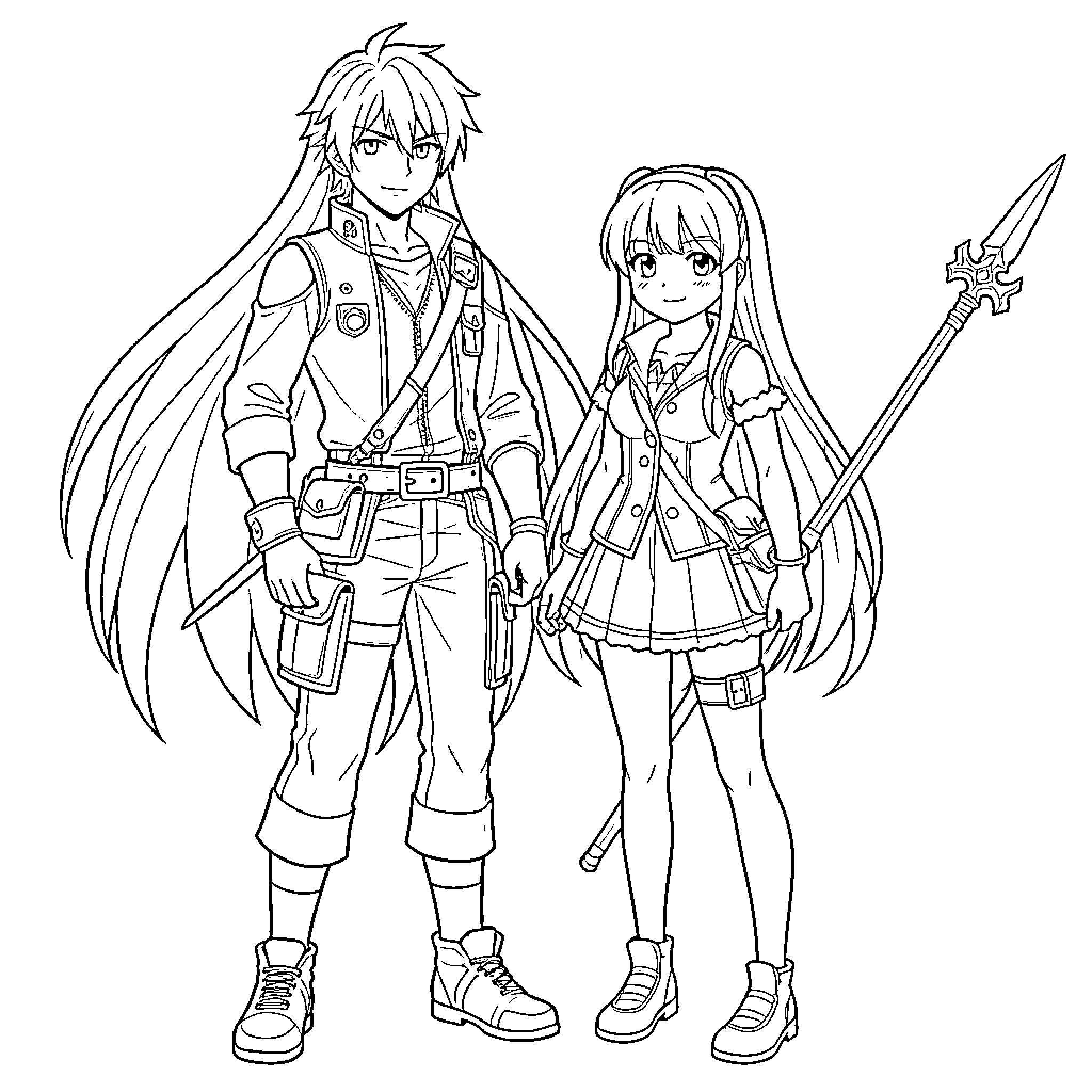 Fairy Tail - Adventurous duo in combat attire Coloring Page (free black-and-white line drawing printable PDF for all, from beginners to advanced learners, including children, teens, adults, and seniors)