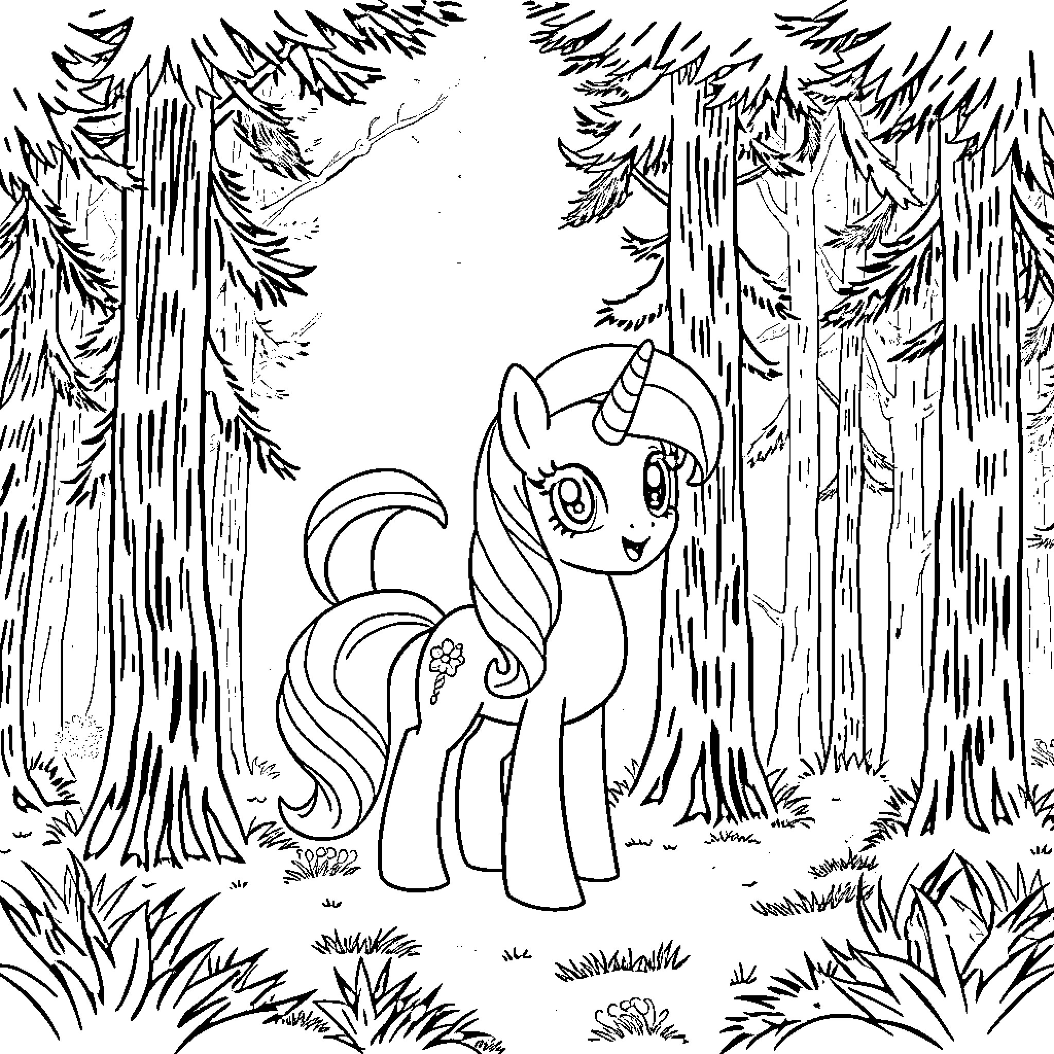 Twilight Sparkle exploring the enchanted forest Coloring Page (free black-and-white line drawing printable PDF for all, from beginners to advanced learners, including children, teens, adults, and seniors)