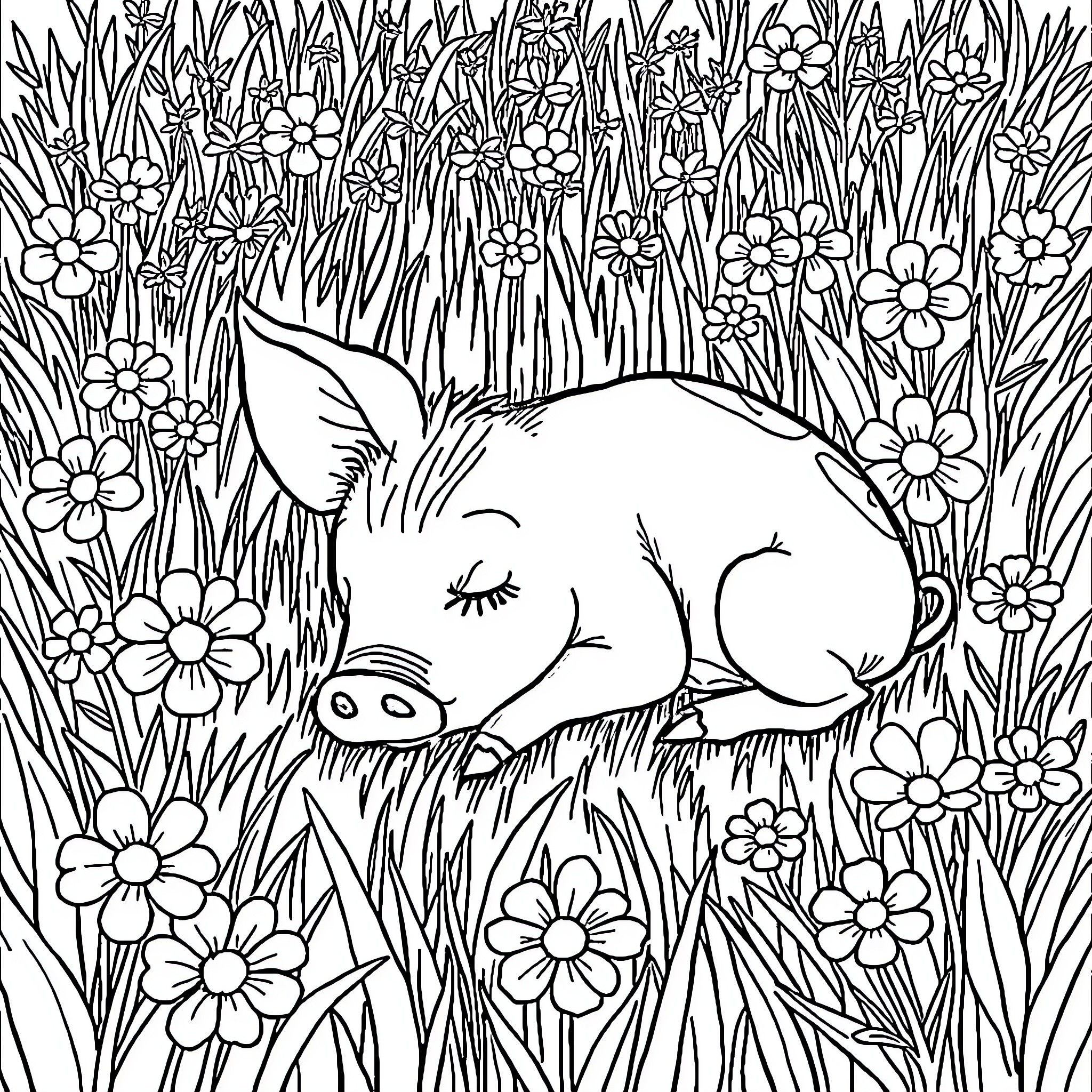Pua's peaceful nap among the flowers Coloring Page (free black-and-white line drawing printable PDF for all, from beginners to advanced learners, including children, teens, adults, and seniors)