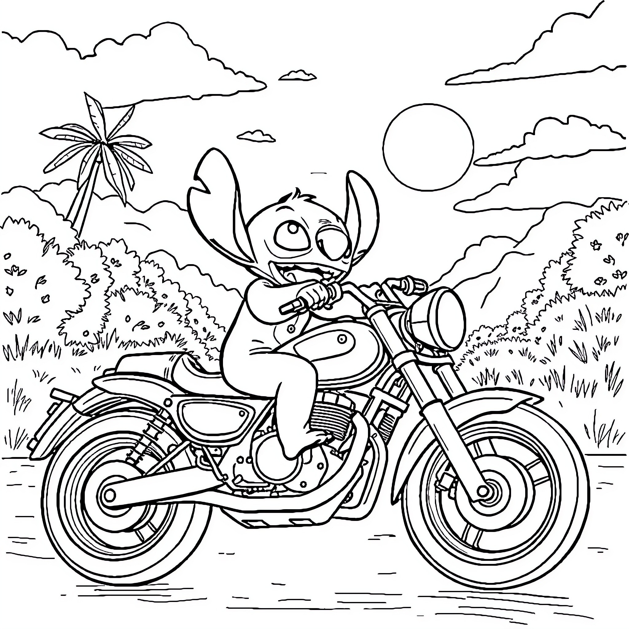 Stitch riding a motorcycle in the wilderness Coloring Page (free black-and-white line drawing printable PDF for all, from beginners to advanced learners, including children, teens, adults, and seniors)