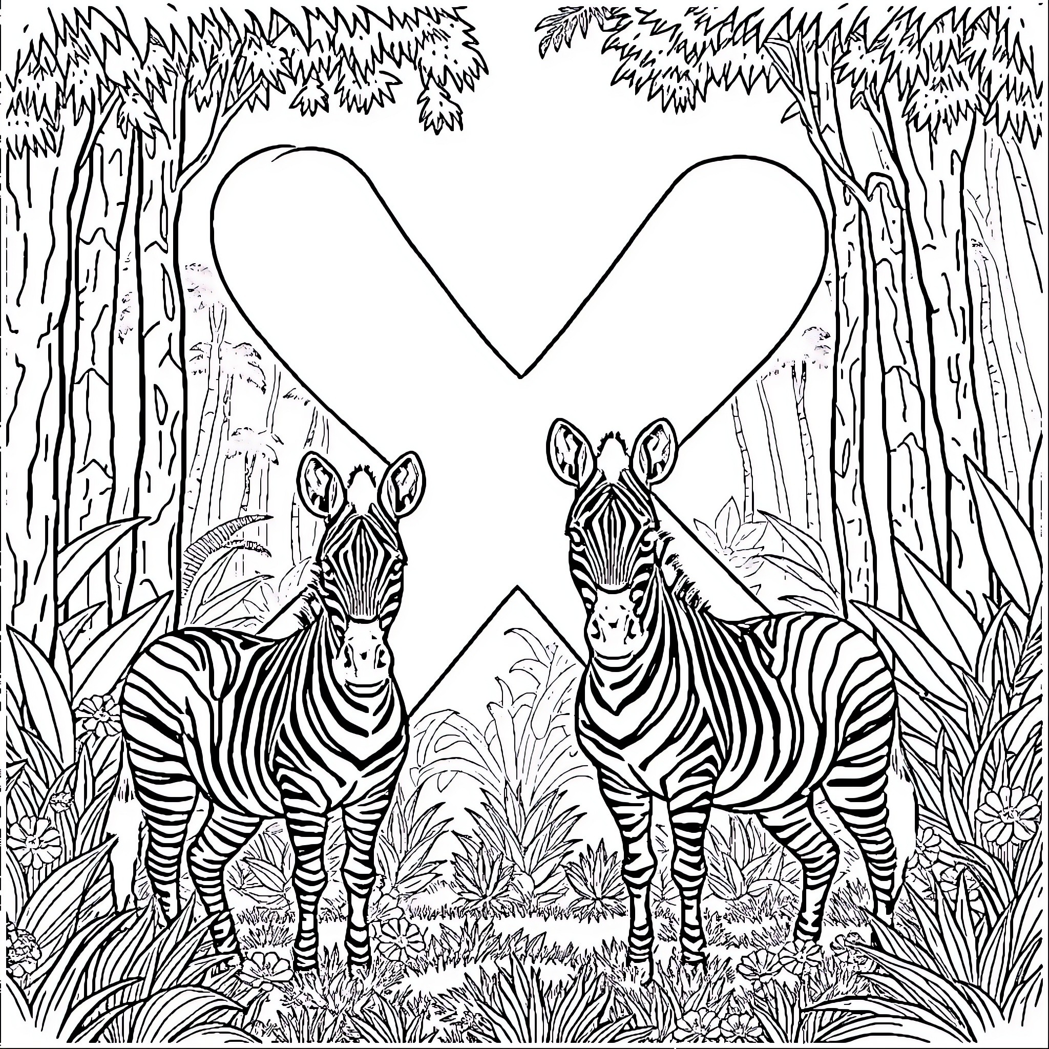 Zebras exploring the lush jungle landscape Coloring Page (free black-and-white line drawing printable PDF for all, from beginners to advanced learners, including children, teens, adults, and seniors)