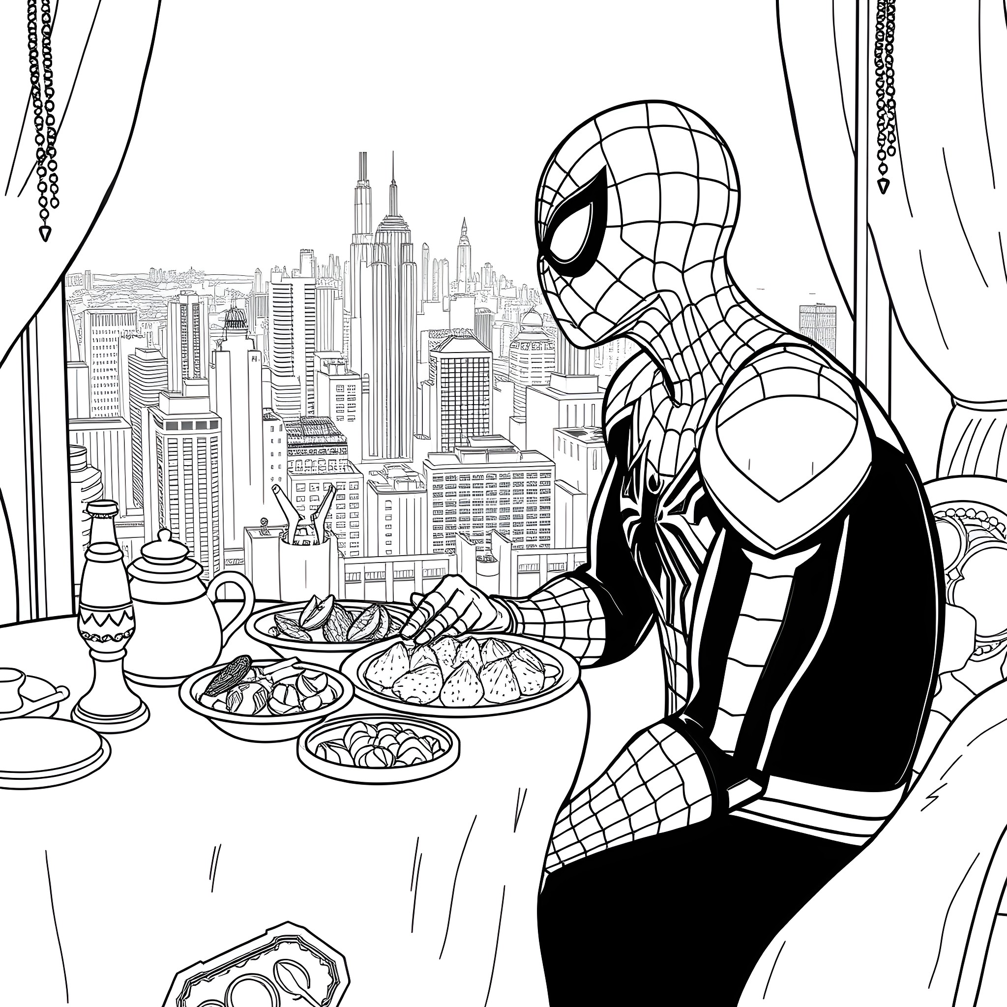Spiderman overlooking the city skyline and enjoying a feast Coloring Page (free black-and-white line drawing printable PDF for all, from beginners to advanced learners, including children, teens, adults, and seniors)