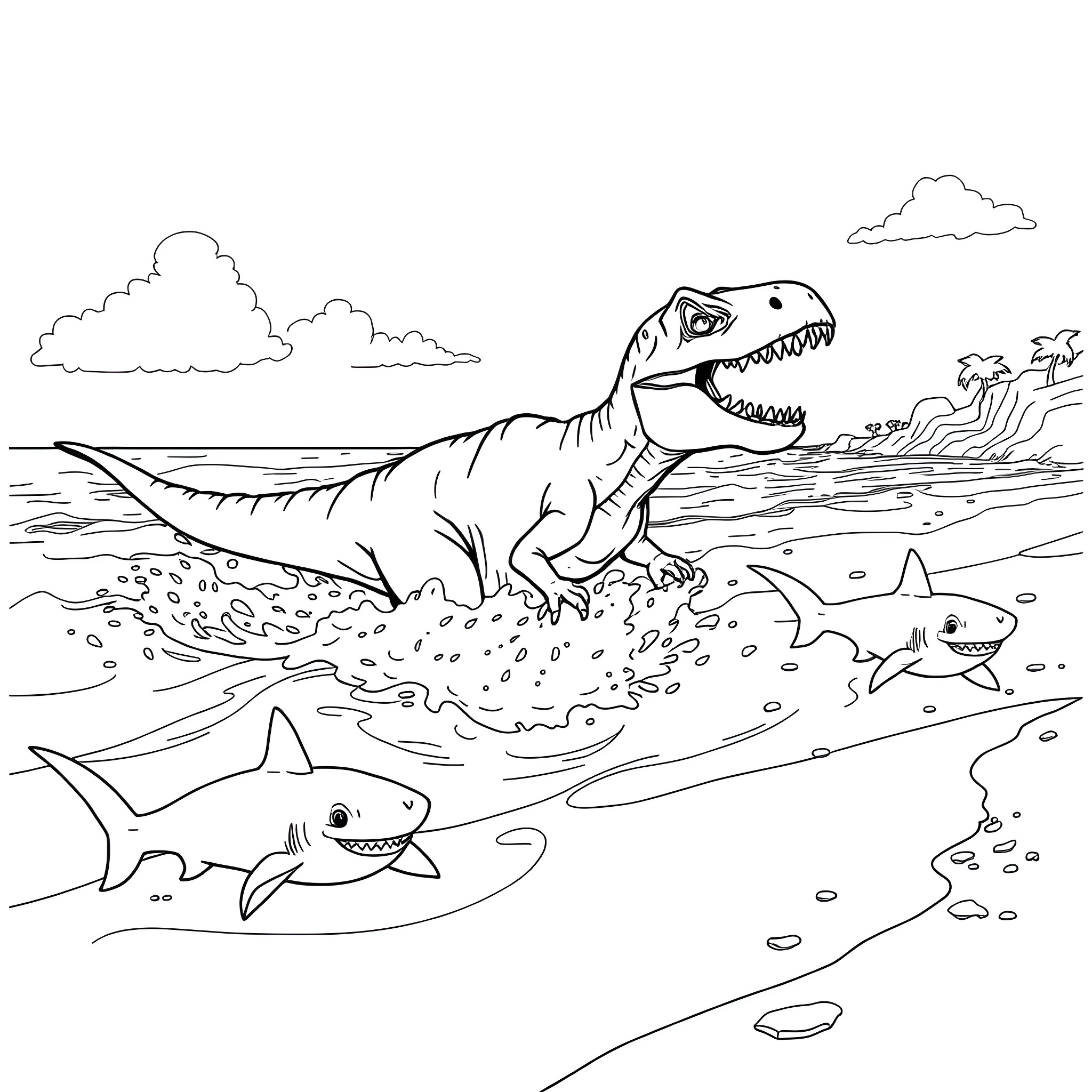 T-Rex chasing sharks in the ocean Coloring Page (free black-and-white line drawing printable PDF for all, from beginners to advanced learners, including children, teens, adults, and seniors)