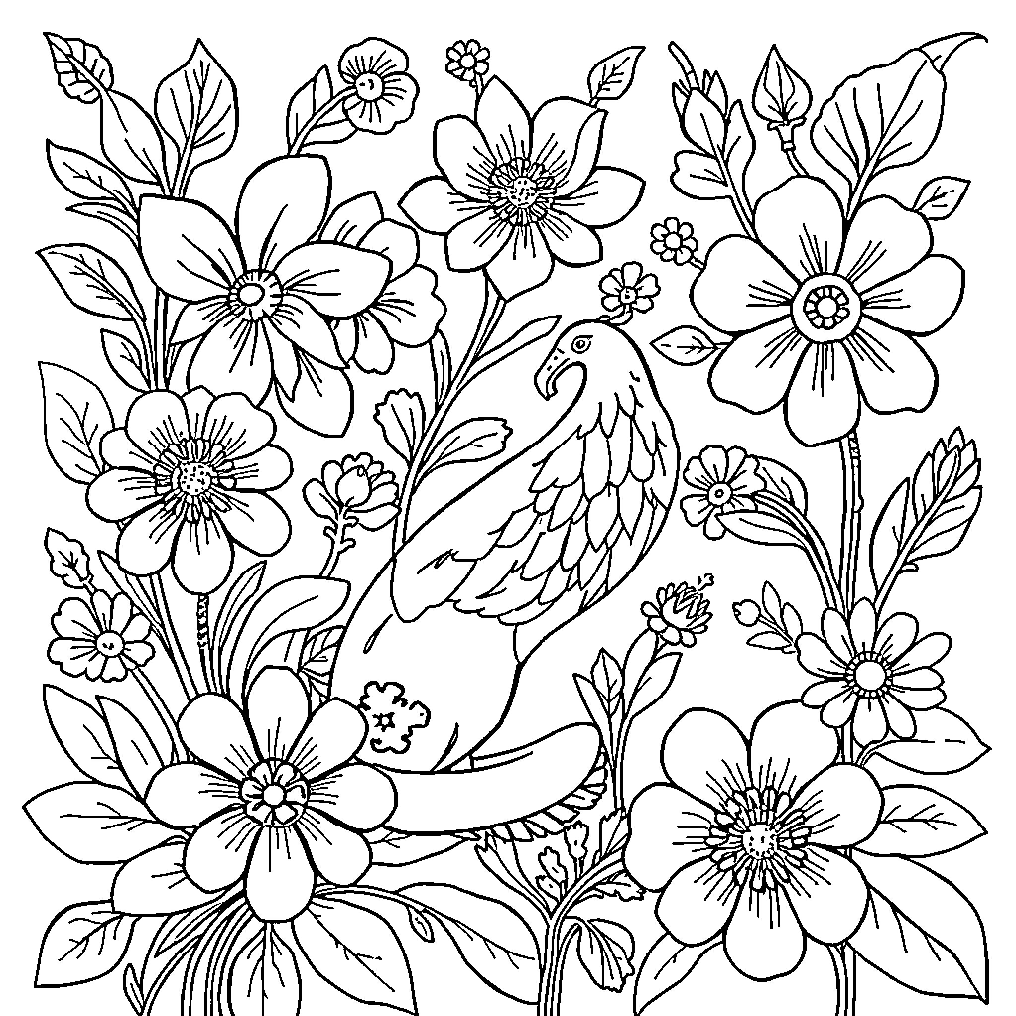 Embroidery of Floral Pattern with Bird Coloring Page (free black-and-white line drawing printable PDF for all, from beginners to advanced learners, including children, teens, adults, and seniors)