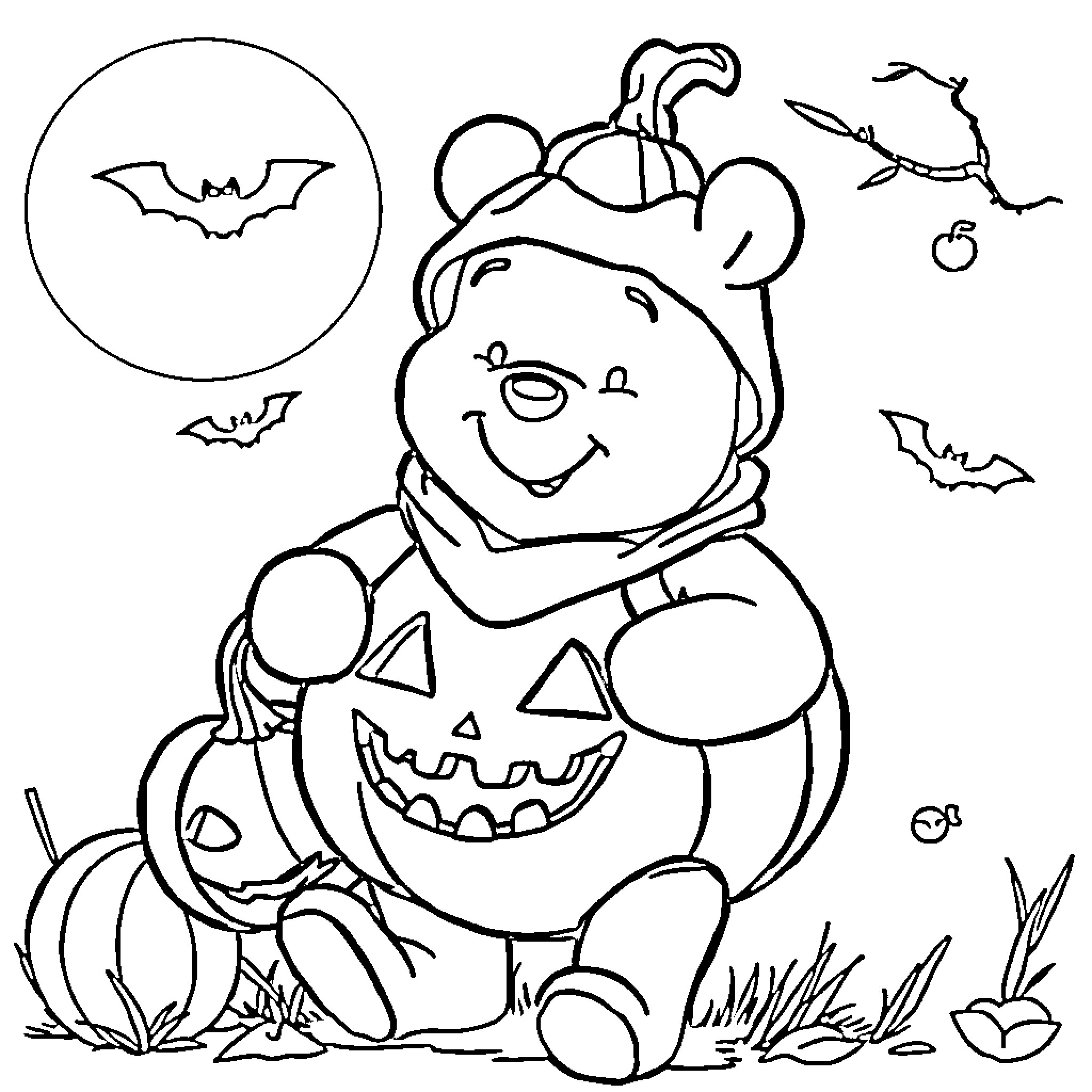 Winnie The Pooh dressed as a Halloween pumpkin Coloring Page (free black-and-white line drawing printable PDF for all, from beginners to advanced learners, including children, teens, adults, and seniors)