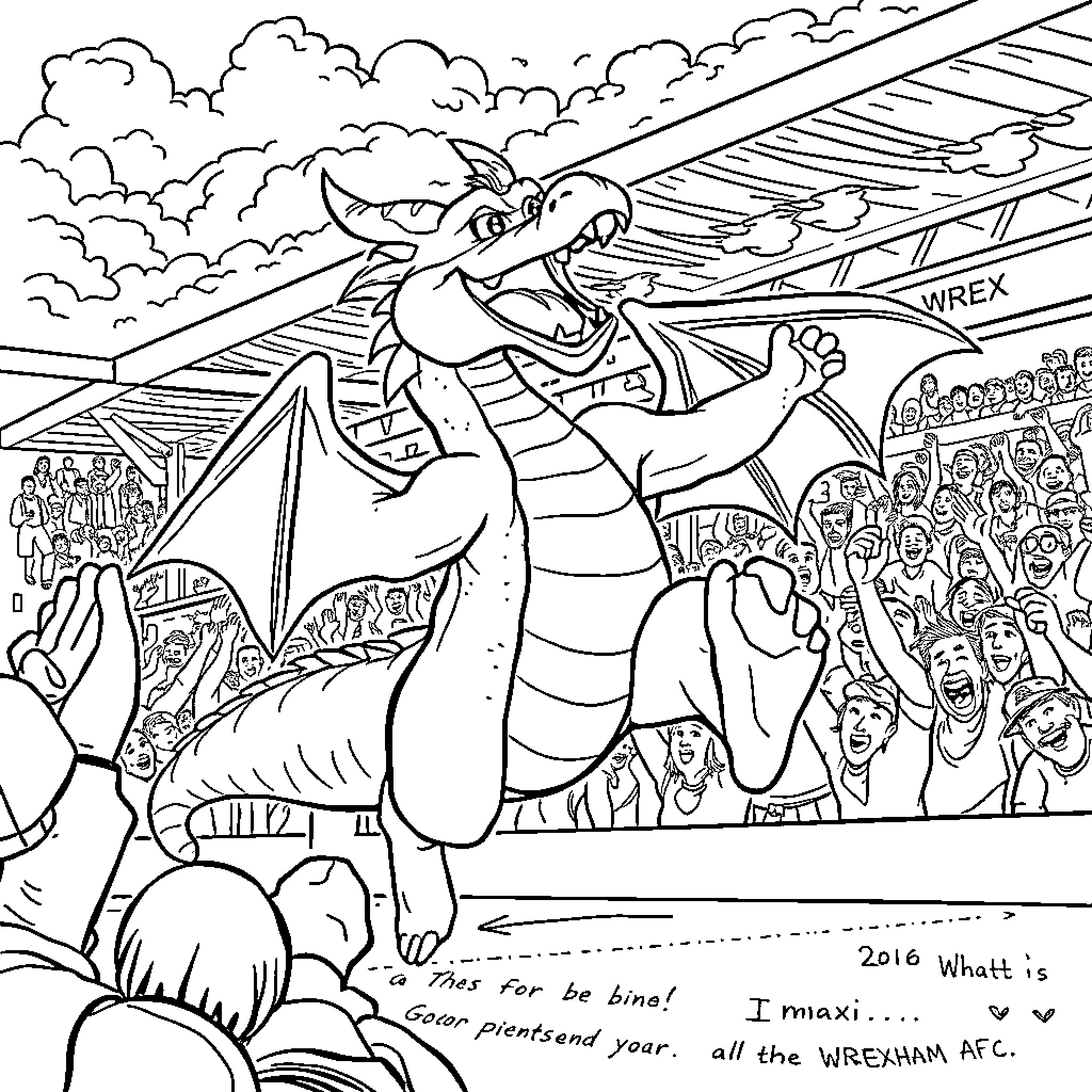 Dragon Performing Feats for Cheering Audience Coloring Page (free black-and-white line drawing printable PDF for all, from beginners to advanced learners, including children, teens, adults, and seniors)