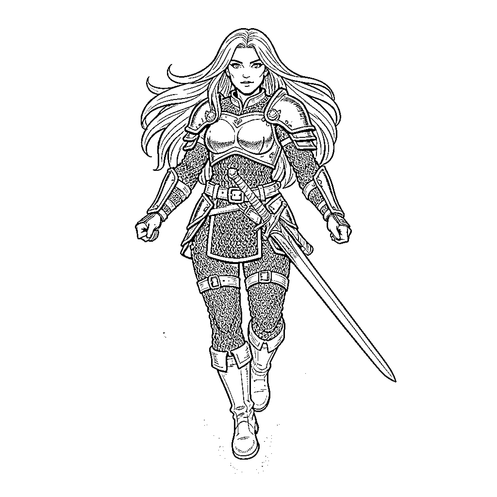 Faerie warrior standing tall with a long sword Coloring Page (free black-and-white line drawing printable PDF for all, from beginners to advanced learners, including children, teens, adults, and seniors)