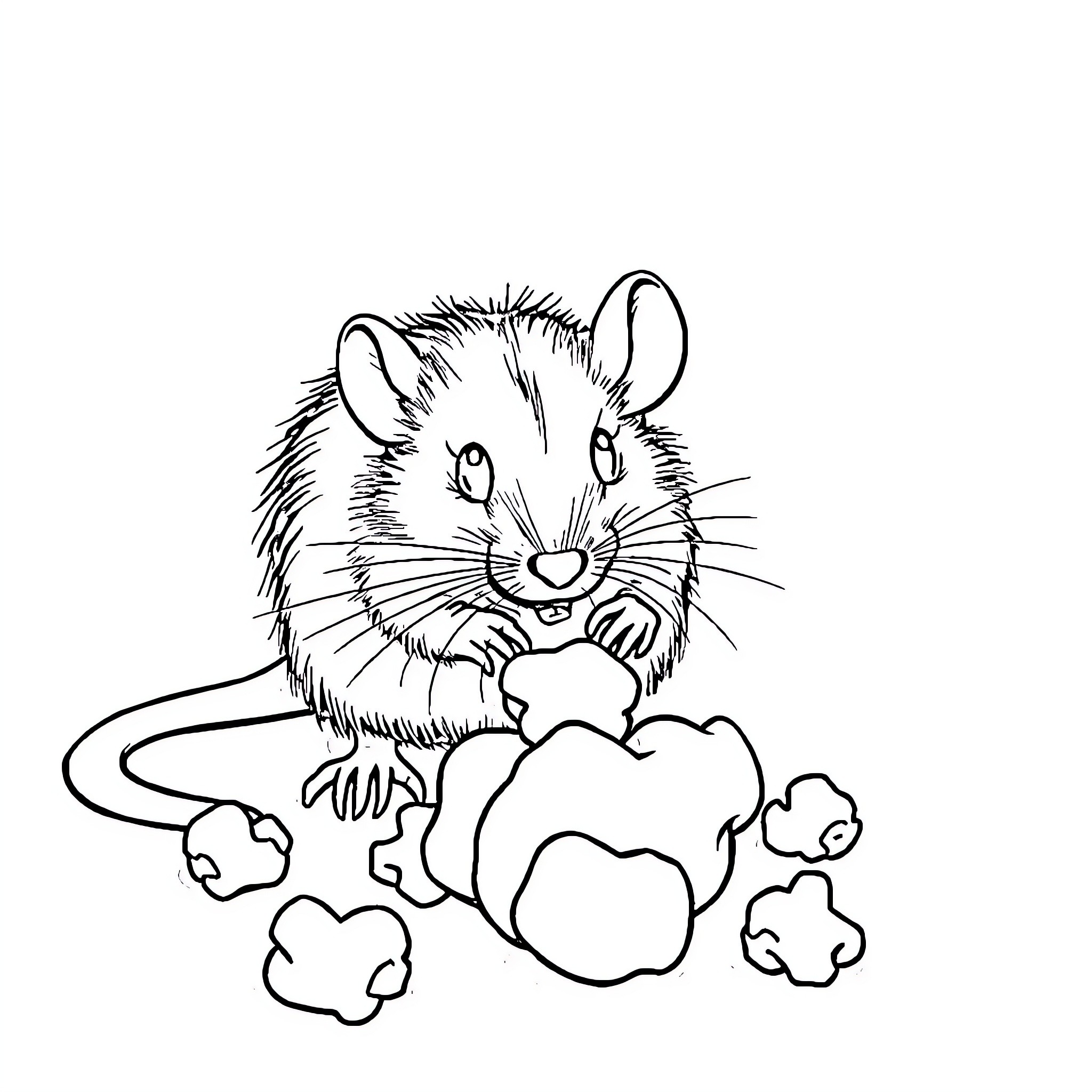 Rat holding snack and surrounded by popcorn Coloring Page (free black-and-white line drawing printable PDF for all, from beginners to advanced learners, including children, teens, adults, and seniors)