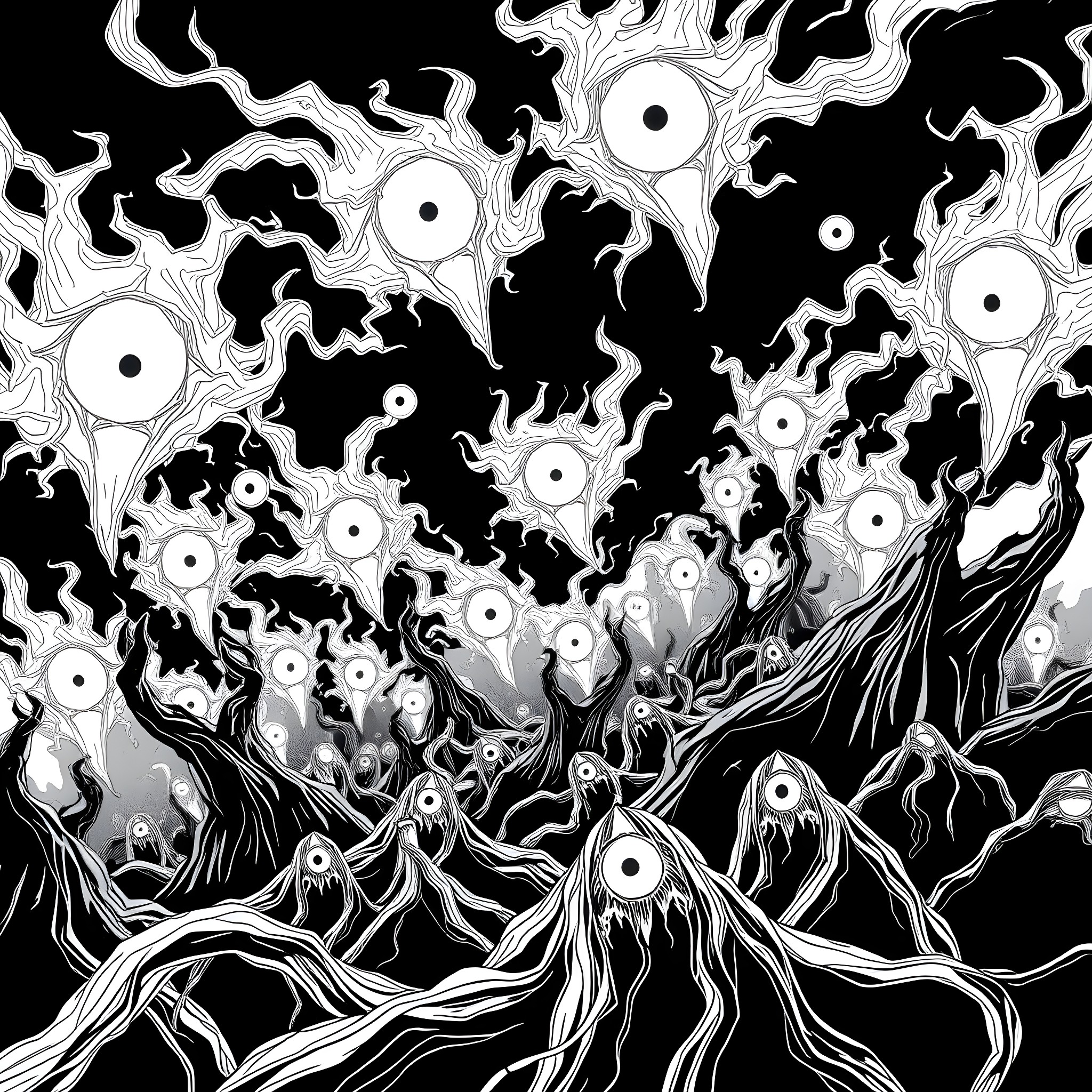 Wendigo's Ominous Realm of Eyes and Shadows Coloring Page (free black-and-white line drawing printable PDF for all, from beginners to advanced learners, including children, teens, adults, and seniors)