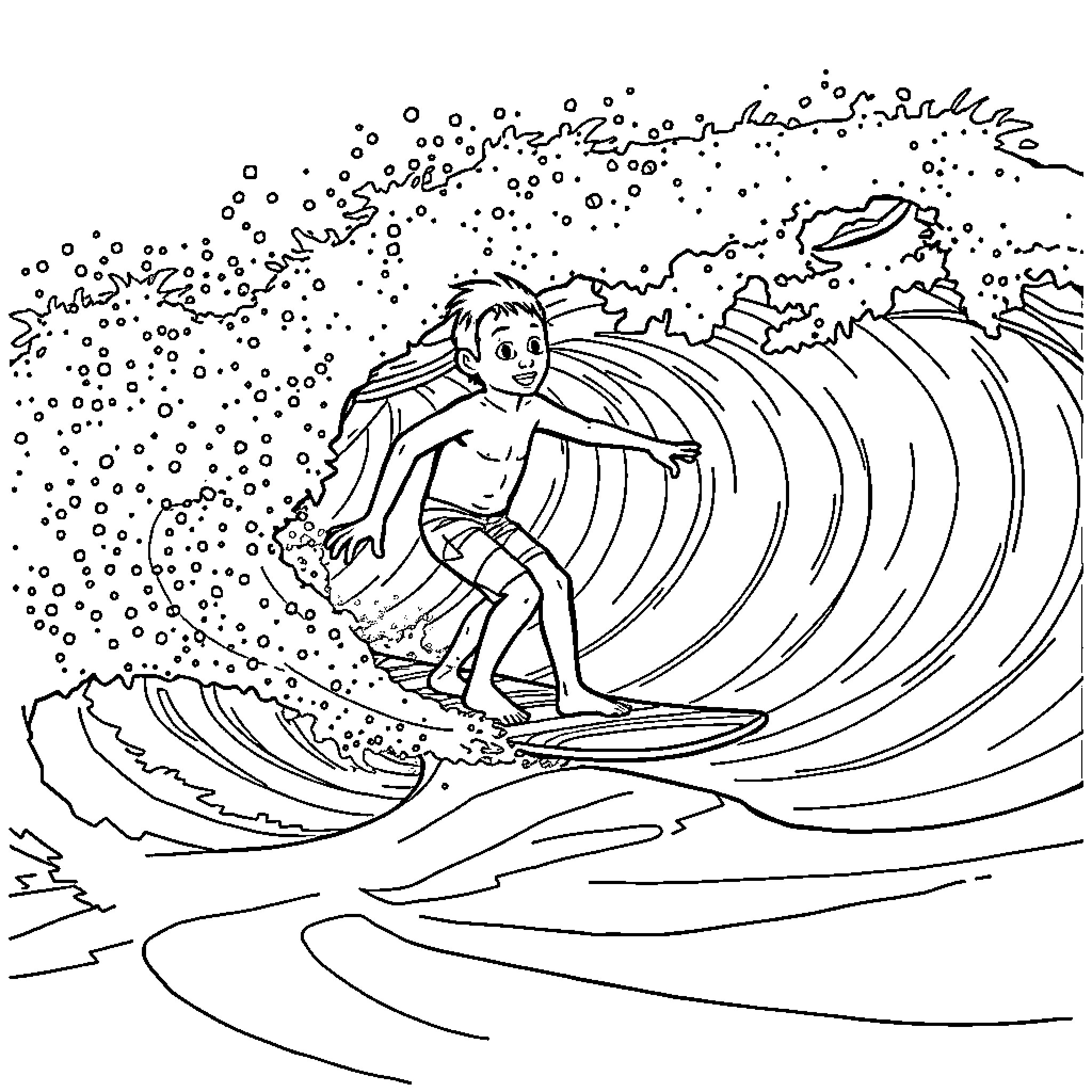 Bluey surfing the waves with excitement Coloring Page (free black-and-white line drawing printable PDF for all, from beginners to advanced learners, including children, teens, adults, and seniors)