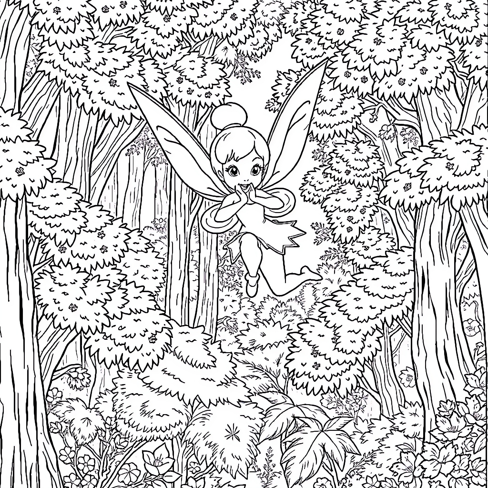 Tinkerbell flying through the enchanted forest Coloring Page (free black-and-white line drawing printable PDF for all, from beginners to advanced learners, including children, teens, adults, and seniors)