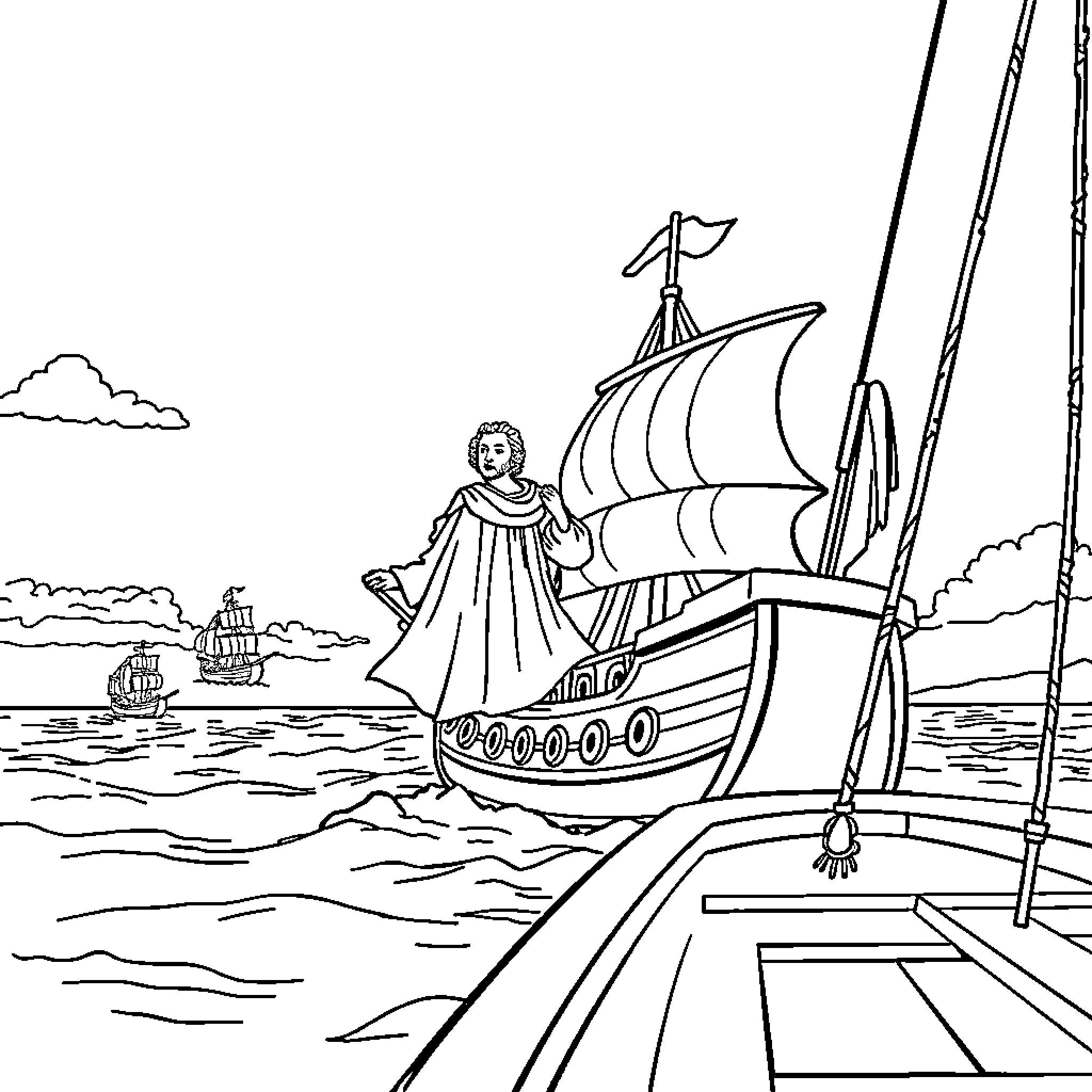 Cristopher Columbus exploring the seas with his ships Coloring Page (free black-and-white line drawing printable PDF for all, from beginners to advanced learners, including children, teens, adults, and seniors)