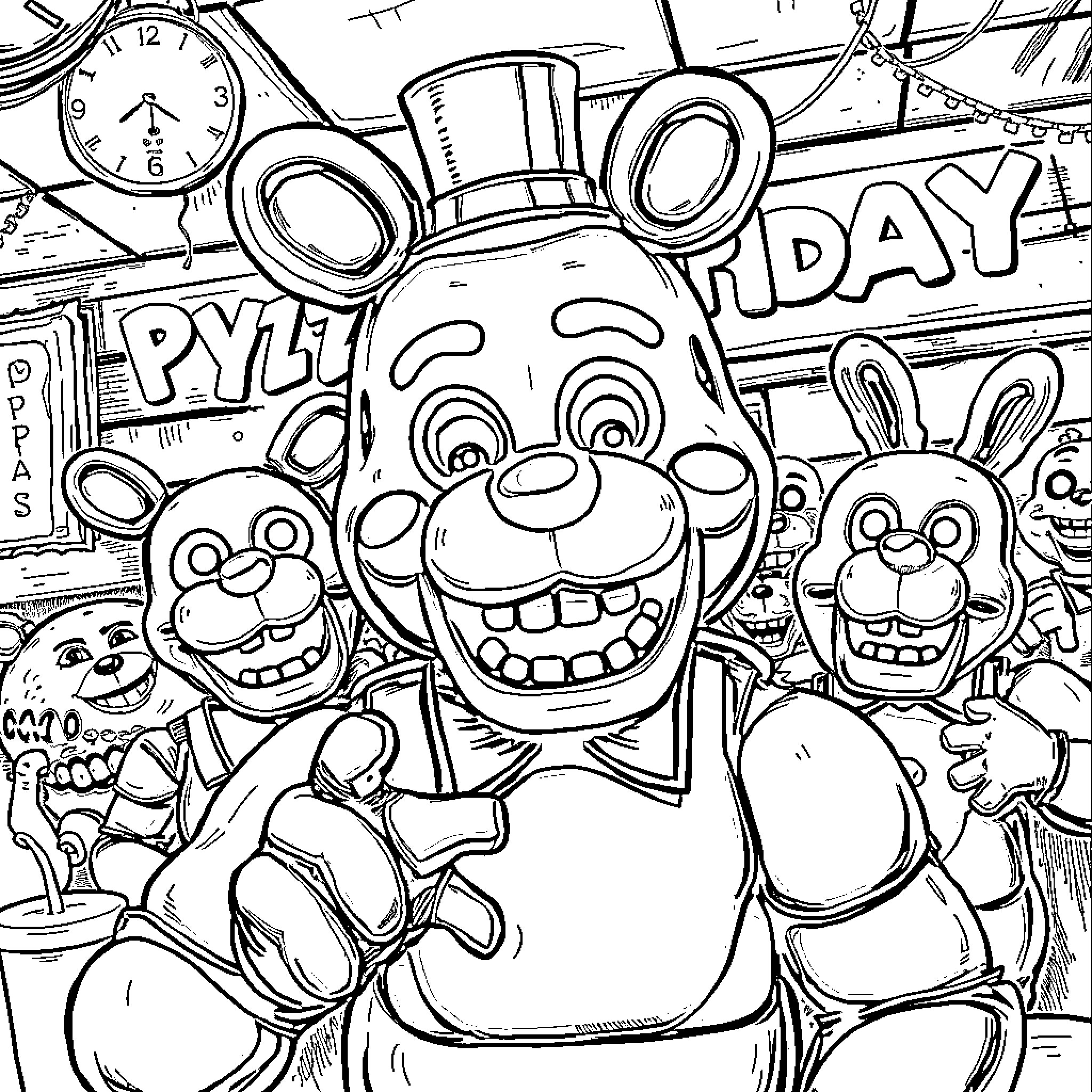 Freddy Fazbear and Friends Celebrate Playtime Coloring Page (free black-and-white line drawing printable PDF for all, from beginners to advanced learners, including children, teens, adults, and seniors)