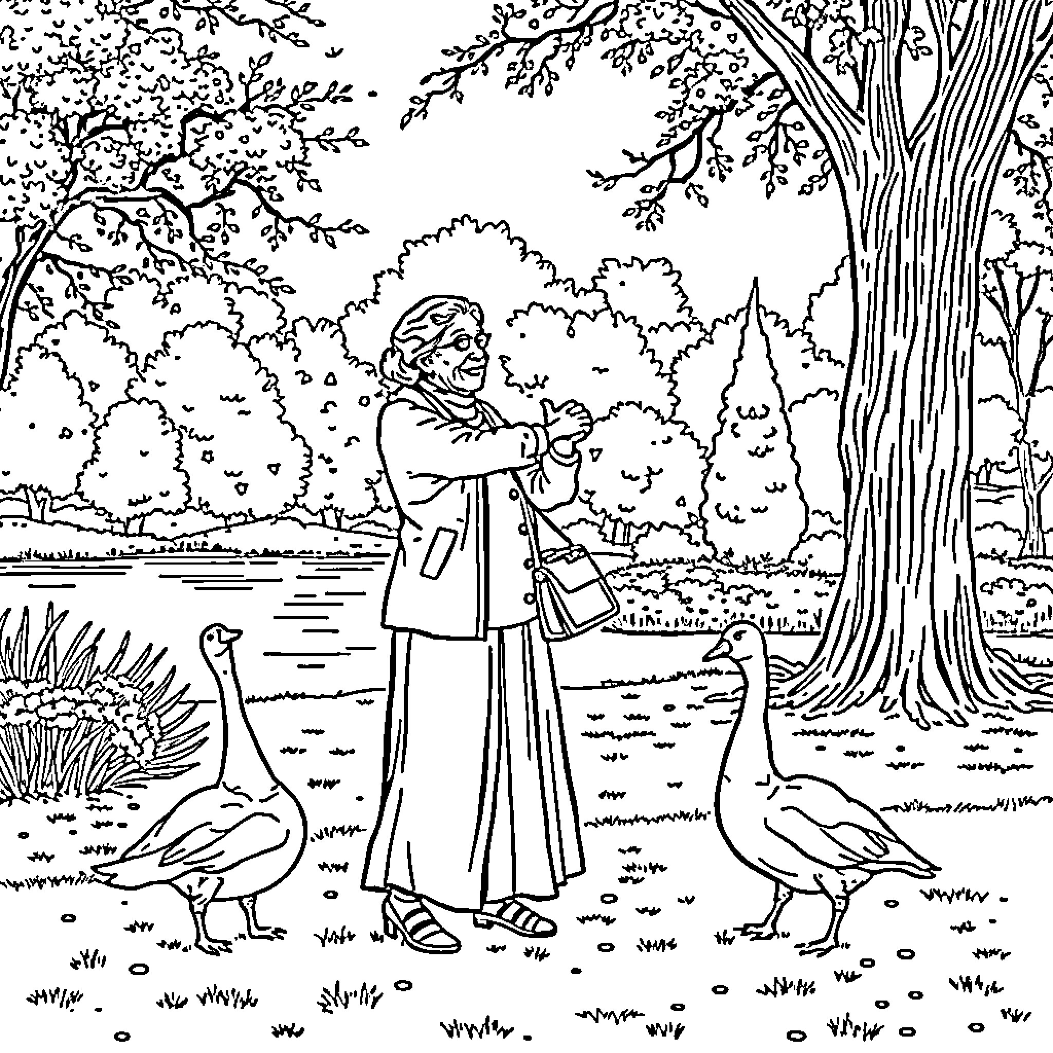 Lady Feeding Geese in the Tranquil Park Coloring Page (free black-and-white line drawing printable PDF for all, from beginners to advanced learners, including children, teens, adults, and seniors)