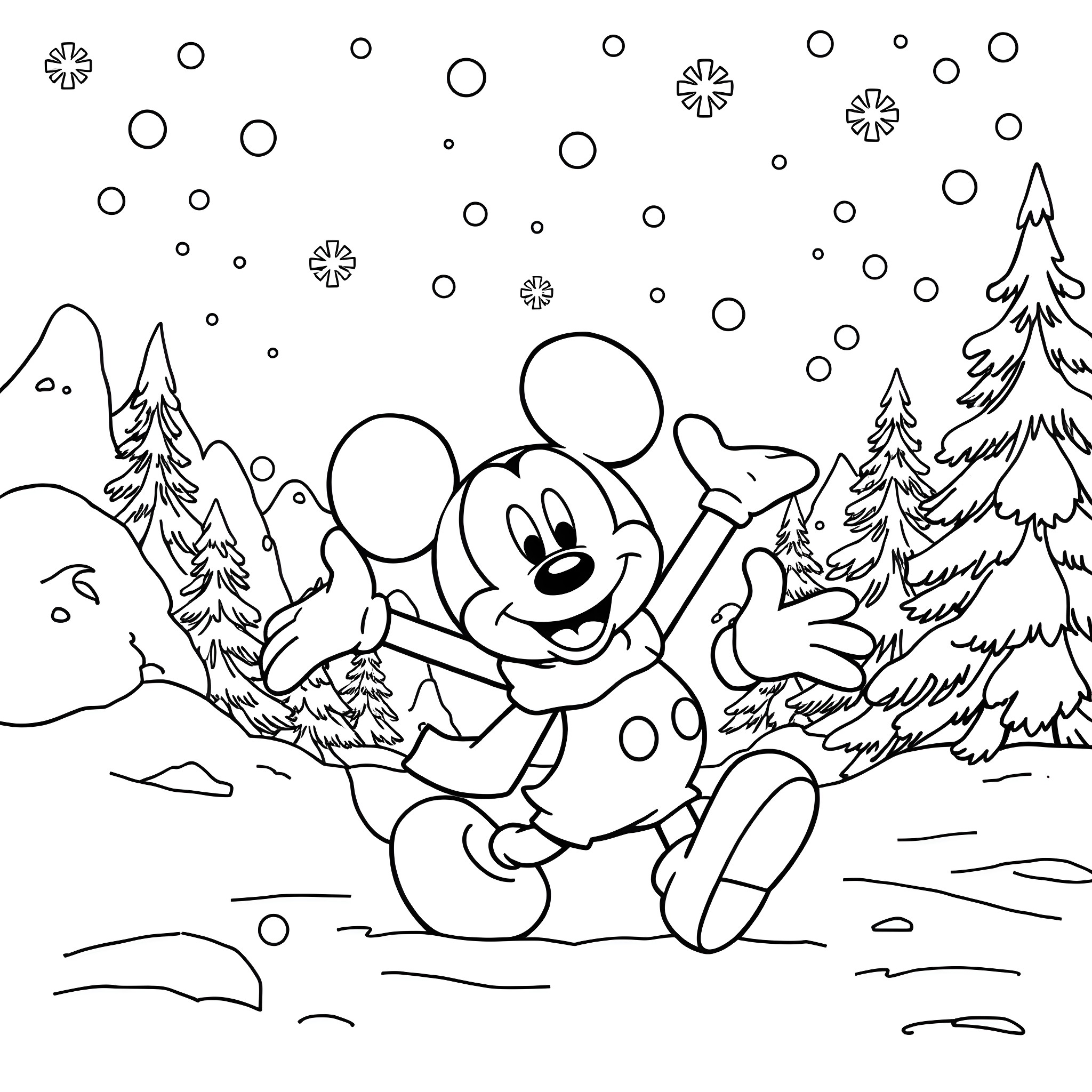 Mickey Mouse playing in a snowy winter wonderland Coloring Page (free black-and-white line drawing printable PDF for all, from beginners to advanced learners, including children, teens, adults, and seniors)