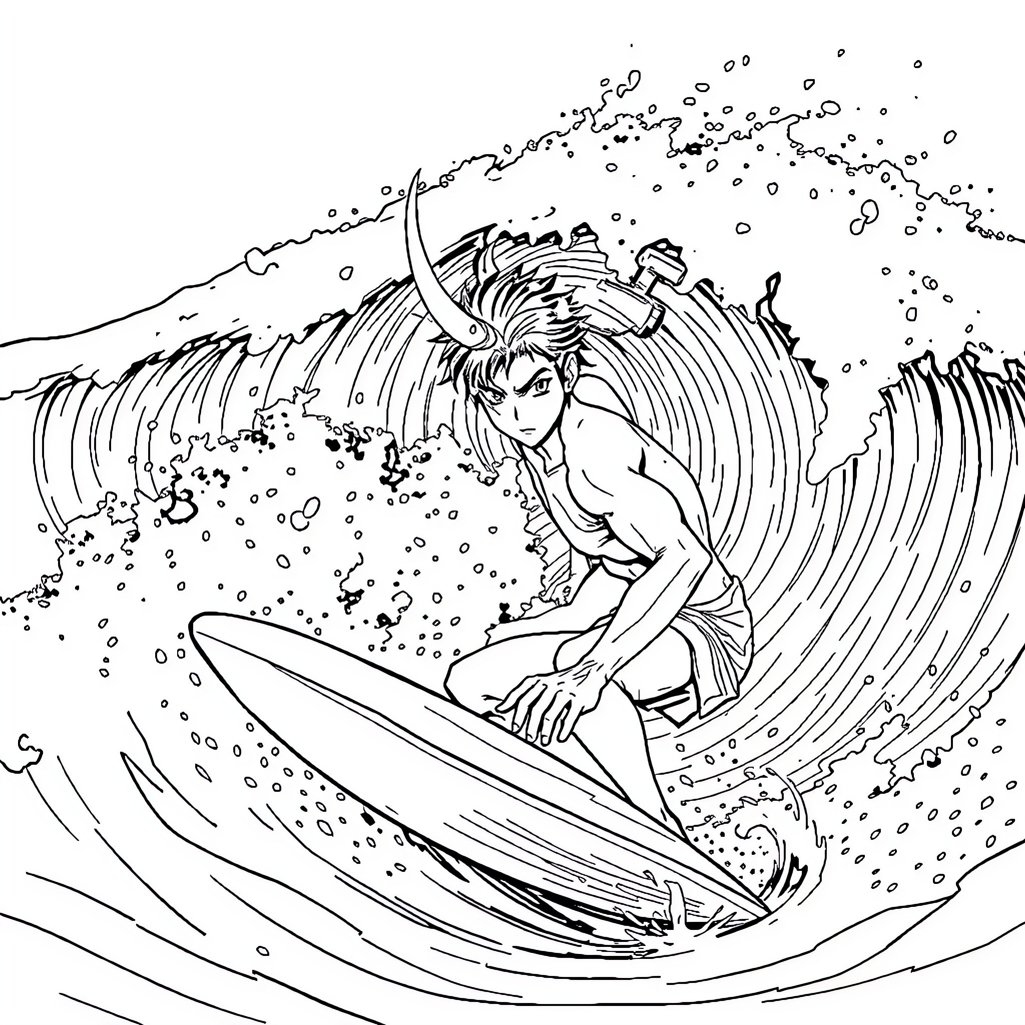 Tanjiro surfing through a mighty wave Coloring Page (free black-and-white line drawing printable PDF for all, from beginners to advanced learners, including children, teens, adults, and seniors)