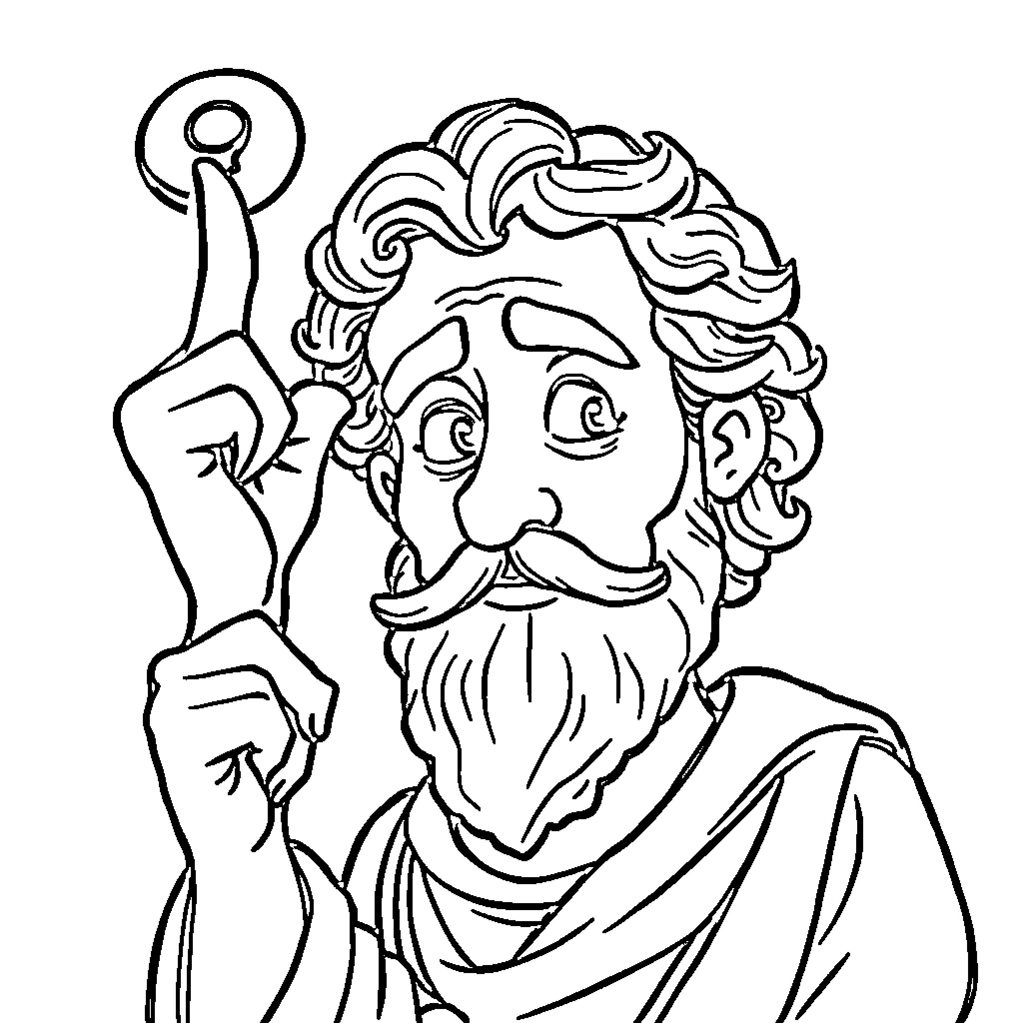 Pythagoras Pondering the Mysteries of the Universe Coloring Page (free black-and-white line drawing printable PDF for all, from beginners to advanced learners, including children, teens, adults, and seniors)