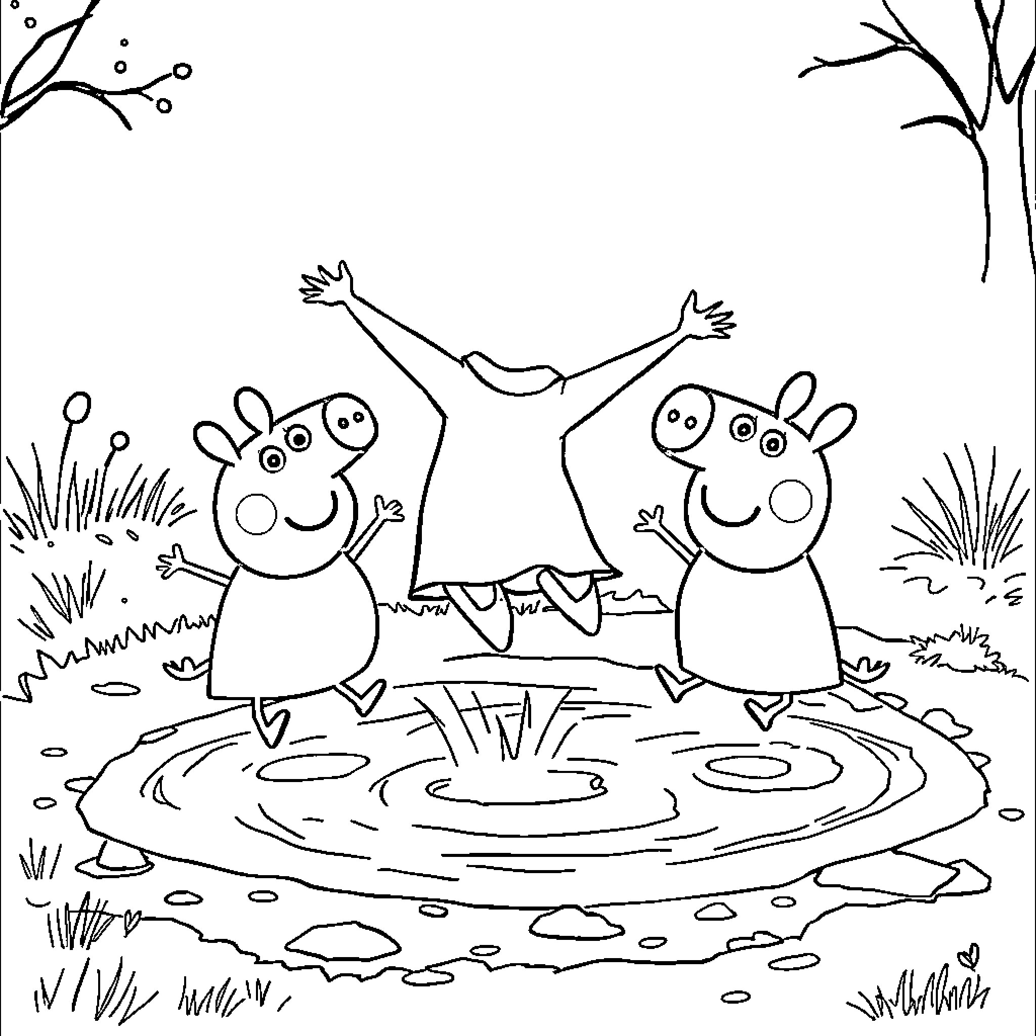 Mercredi Adams Jumping in Puddle with Friends Coloring Page (free black-and-white line drawing printable PDF for all, from beginners to advanced learners, including children, teens, adults, and seniors)