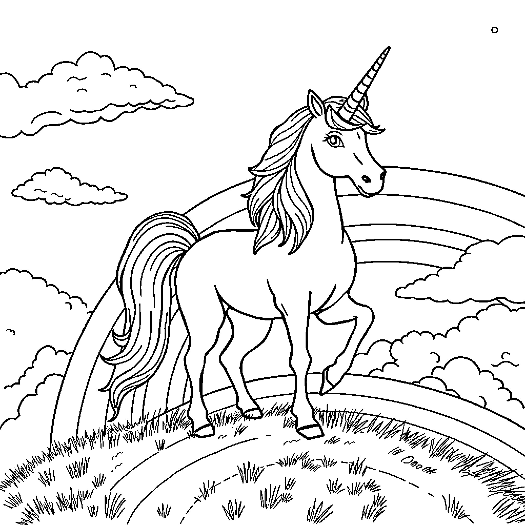 Unicorn standing proudly in a grassy field Coloring Page (free black-and-white line drawing printable PDF for all, from beginners to advanced learners, including children, teens, adults, and seniors)