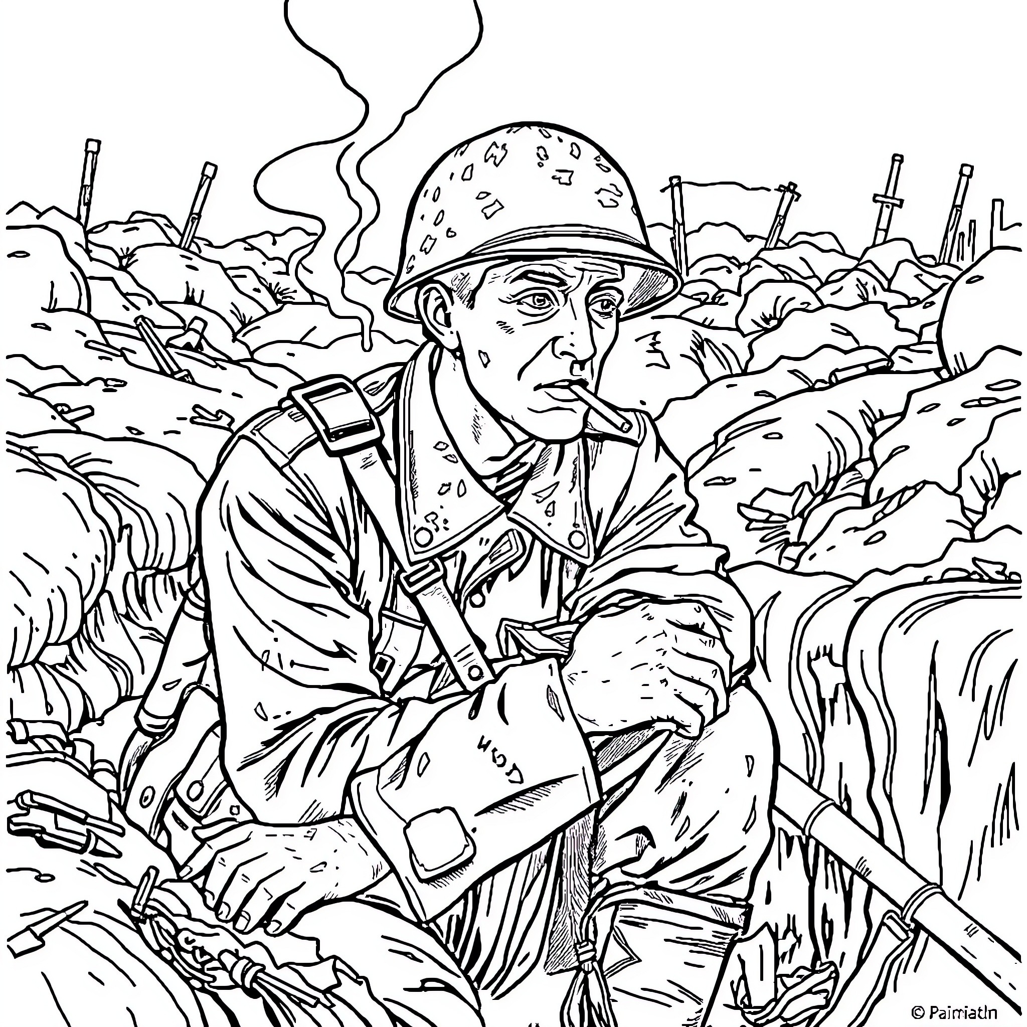 Soldier standing vigilant in the battlefield Coloring Page (free black-and-white line drawing printable PDF for all, from beginners to advanced learners, including children, teens, adults, and seniors)