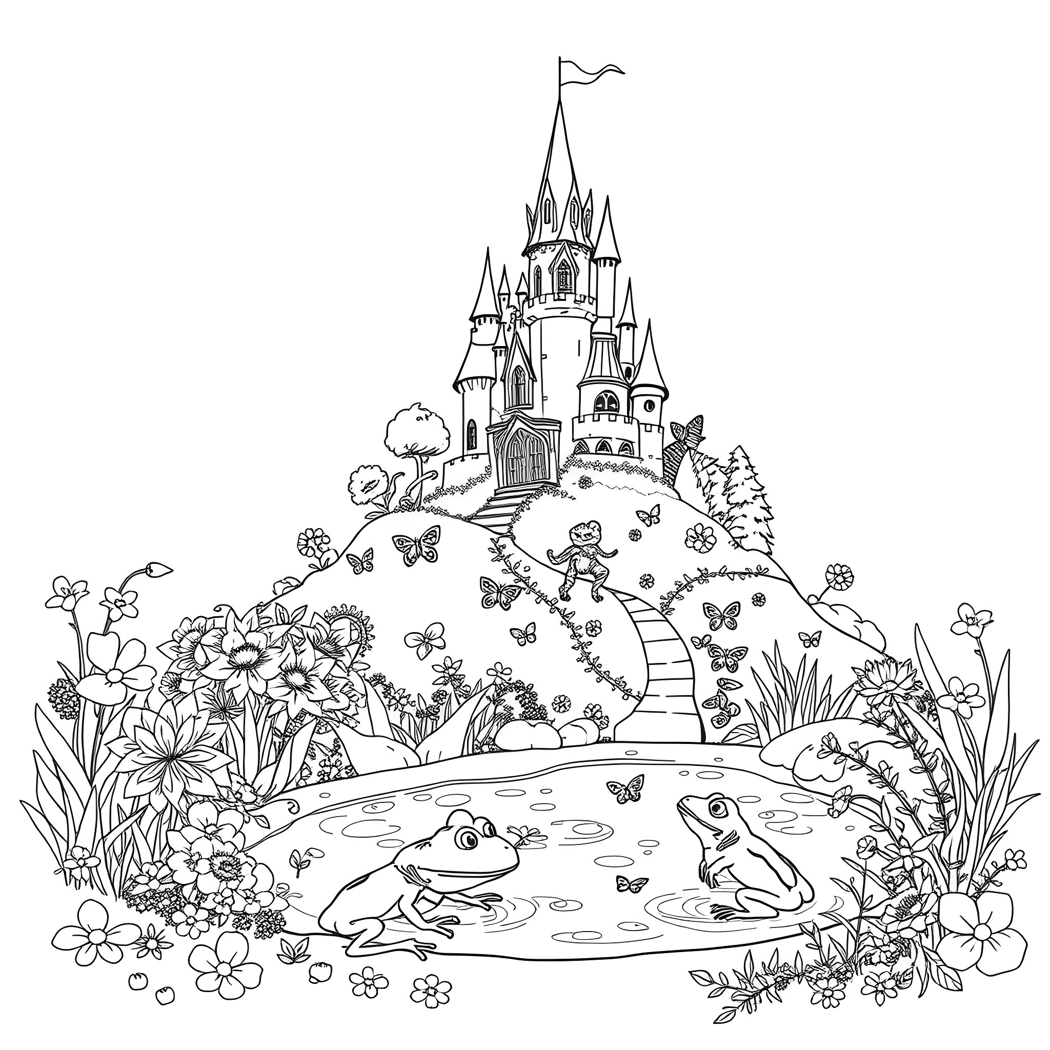 Castle in a Whimsical Fairy Garden Coloring Page (free black-and-white line drawing printable PDF for all, from beginners to advanced learners, including children, teens, adults, and seniors)