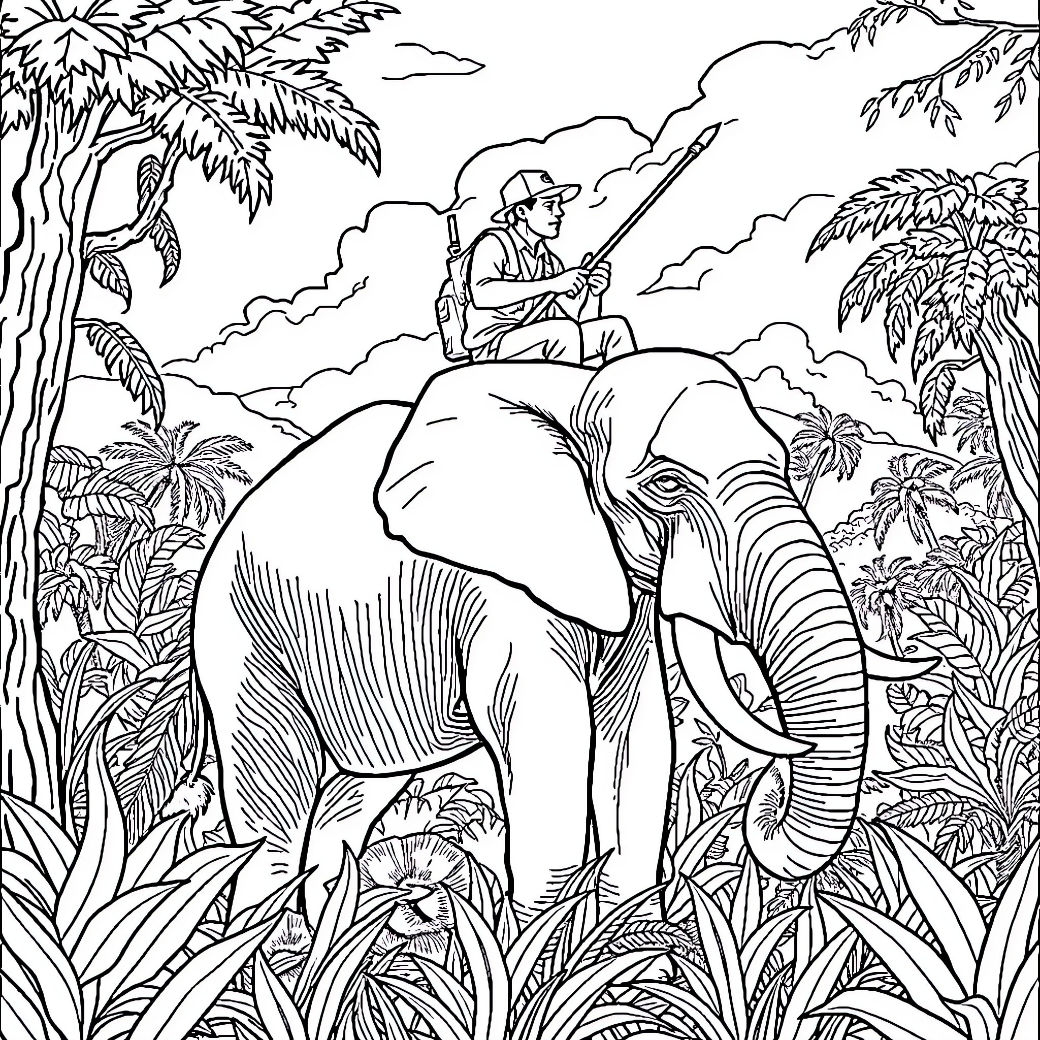 Hunter riding an elephant in the jungle Coloring Page (free black-and-white line drawing printable PDF for all, from beginners to advanced learners, including children, teens, adults, and seniors)