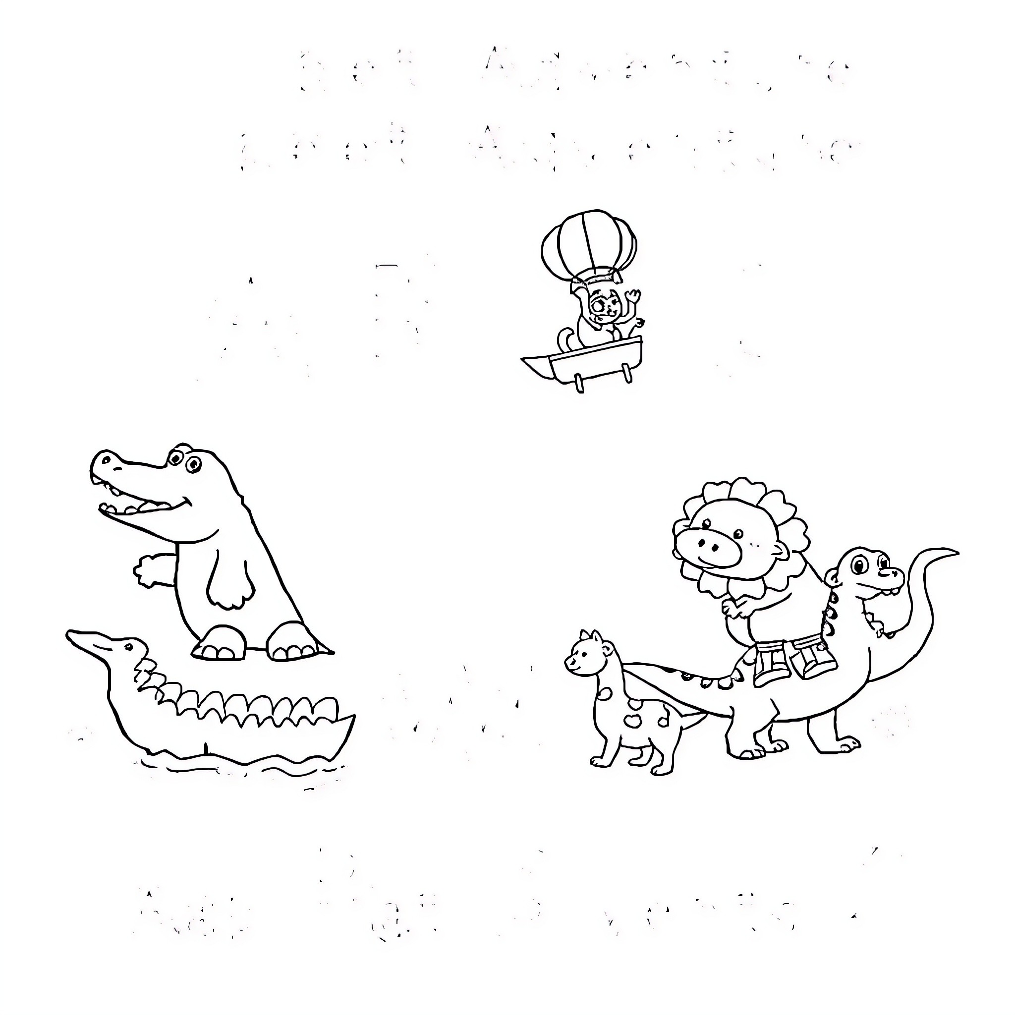 Alphabet Dinosaurs on Exciting Adventure Coloring Page (free black-and-white line drawing printable PDF for all, from beginners to advanced learners, including children, teens, adults, and seniors)