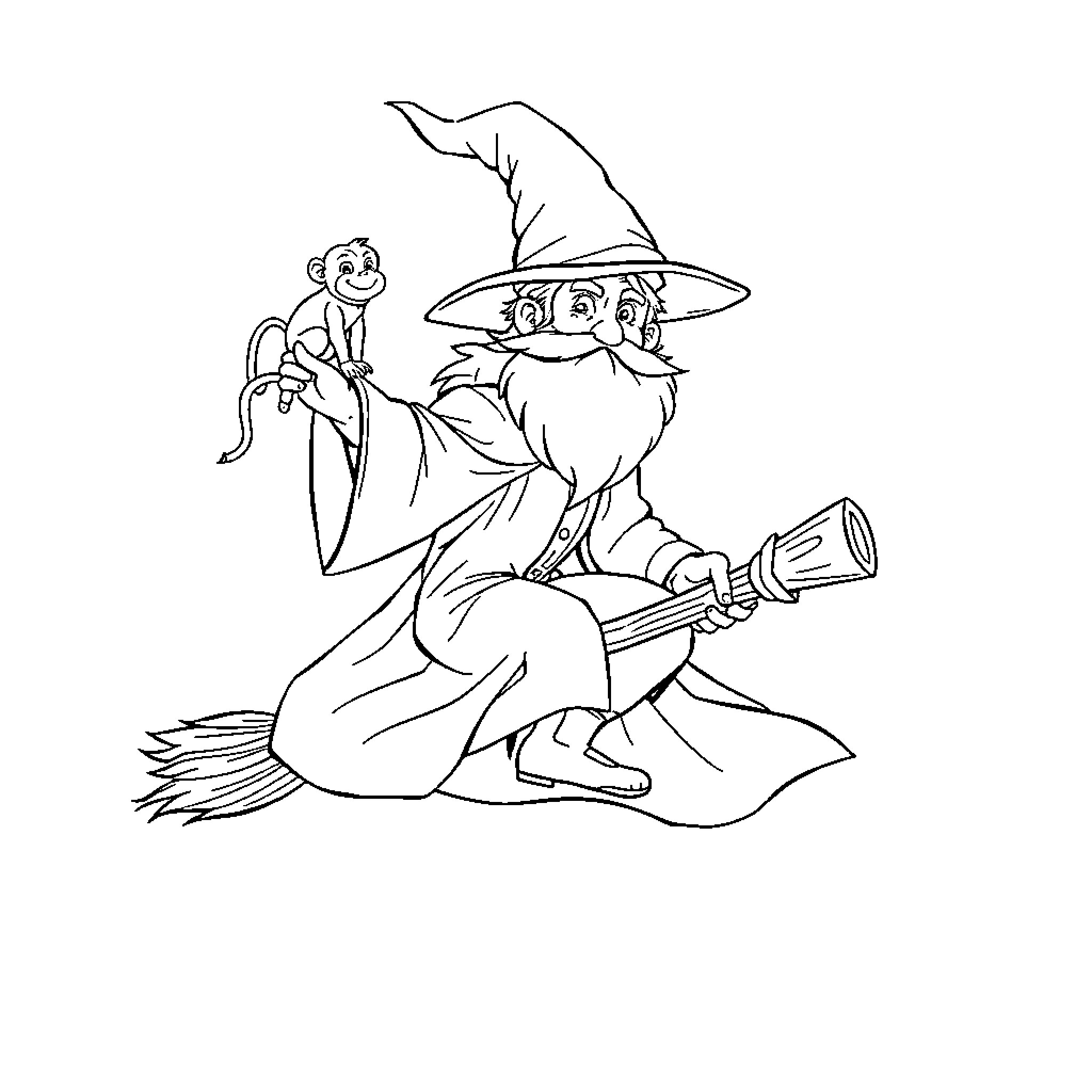 Wizard riding a broom with a pet frog Coloring Page (free black-and-white line drawing printable PDF for all, from beginners to advanced learners, including children, teens, adults, and seniors)