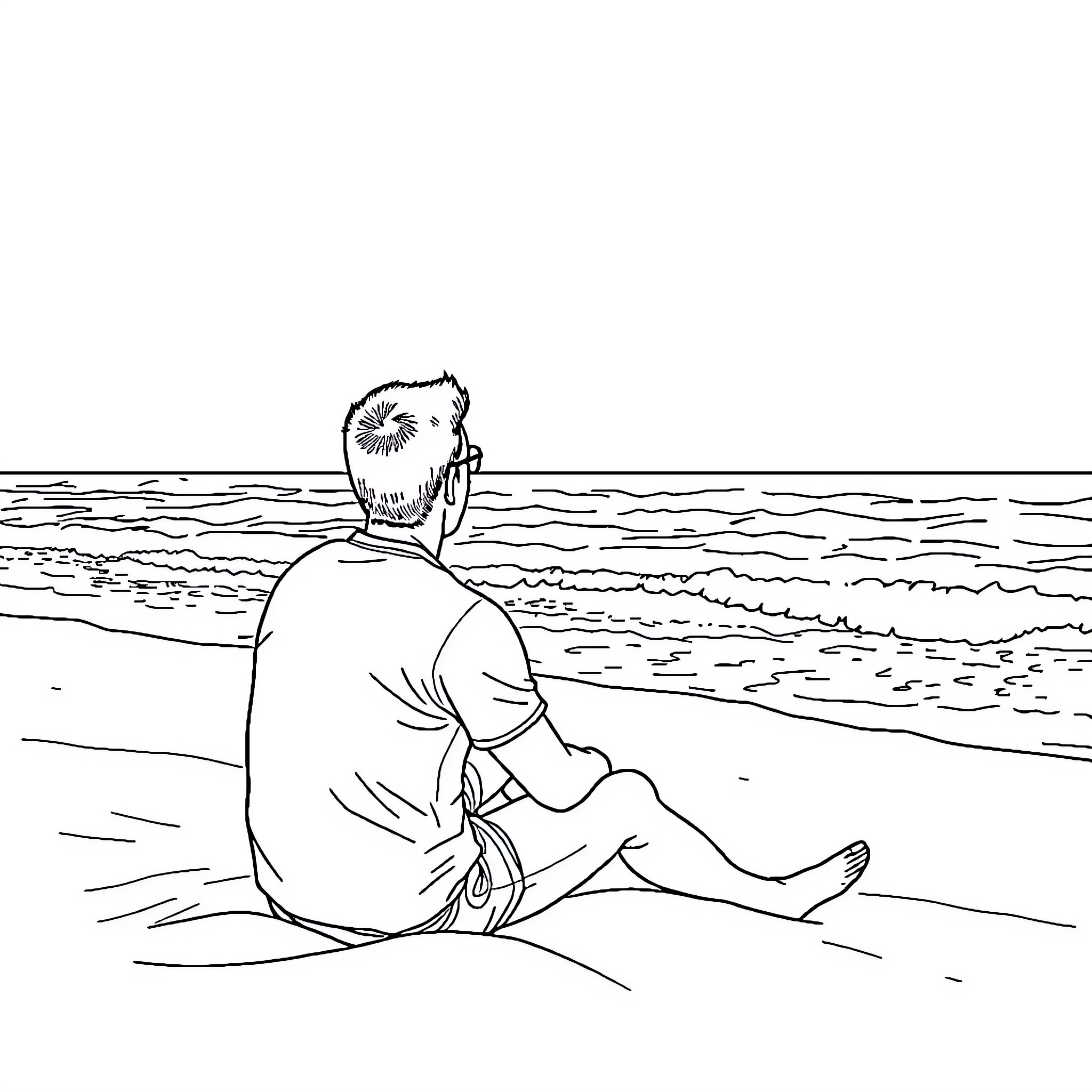 Man sitting alone on the beach Coloring Page (free black-and-white line drawing printable PDF for all, from beginners to advanced learners, including children, teens, adults, and seniors)