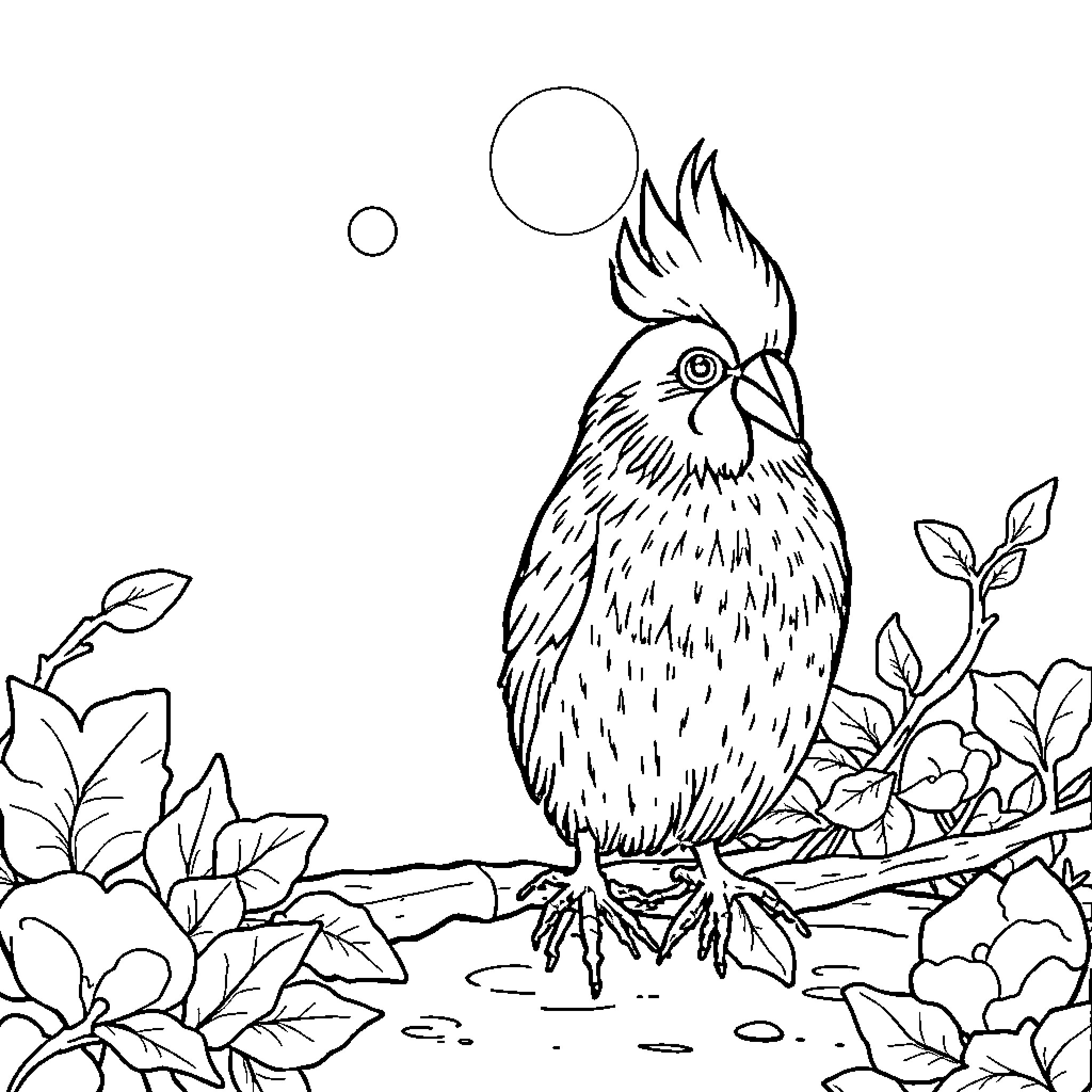 Choinka bird perching amidst nature Coloring Page (free black-and-white line drawing printable PDF for all, from beginners to advanced learners, including children, teens, adults, and seniors)