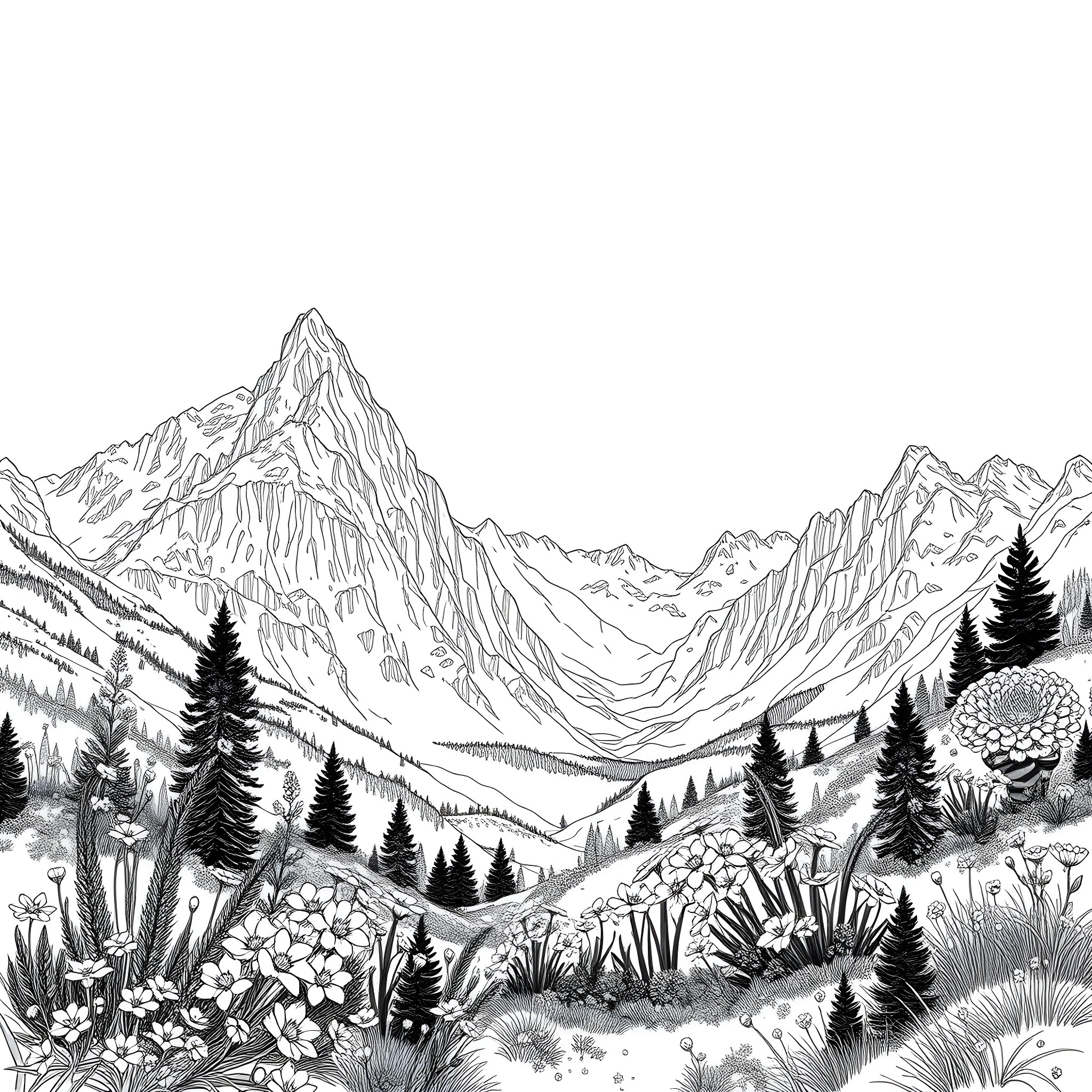 Flower-covered mountain valley with pine trees Coloring Page (free black-and-white line drawing printable PDF for all, from beginners to advanced learners, including children, teens, adults, and seniors)