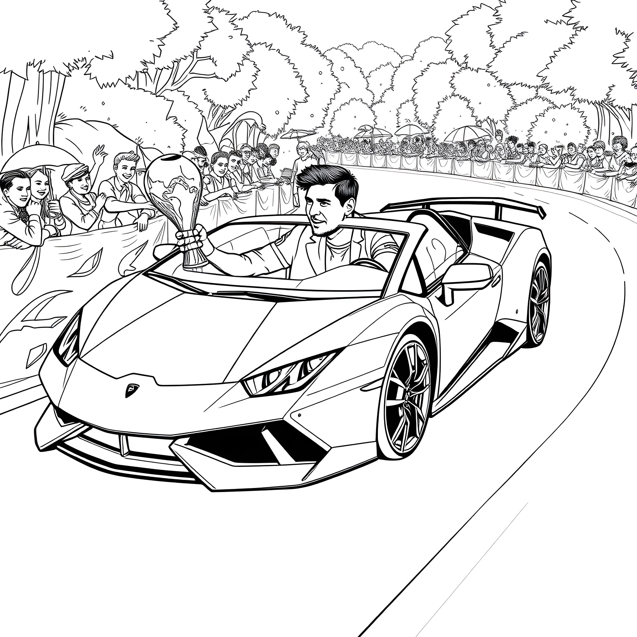 Messi driving a sports car in a racing event Coloring Page (free black-and-white line drawing printable PDF for all, from beginners to advanced learners, including children, teens, adults, and seniors)