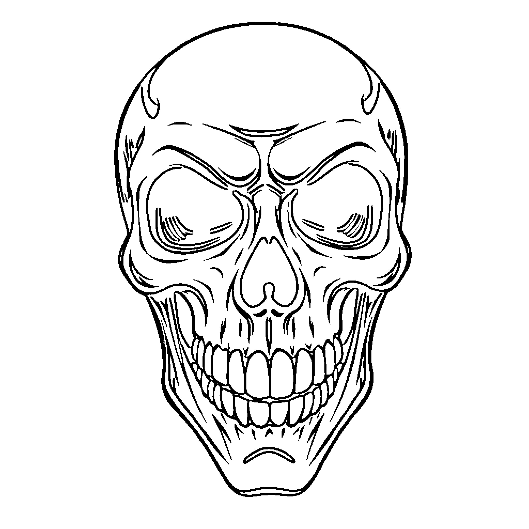 Skeleton Skull with Expressive Facial Features Coloring Page (free black-and-white line drawing printable PDF for all, from beginners to advanced learners, including children, teens, adults, and seniors)