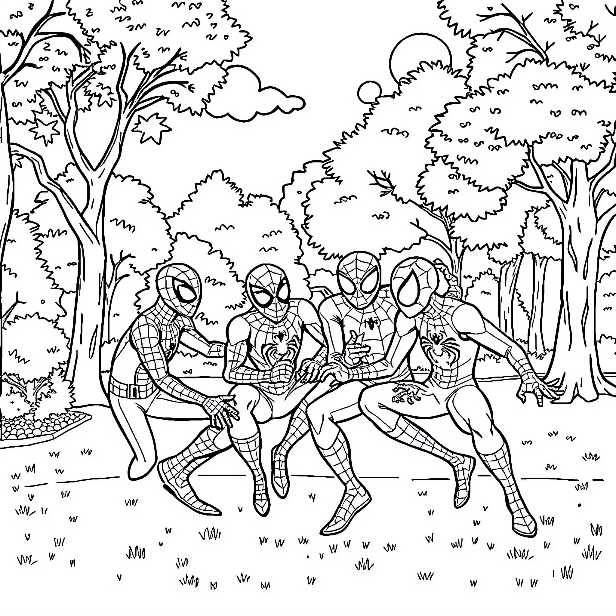Spidey heroes in nature adventure Coloring Page (free black-and-white line drawing printable PDF for all, from beginners to advanced learners, including children, teens, adults, and seniors)