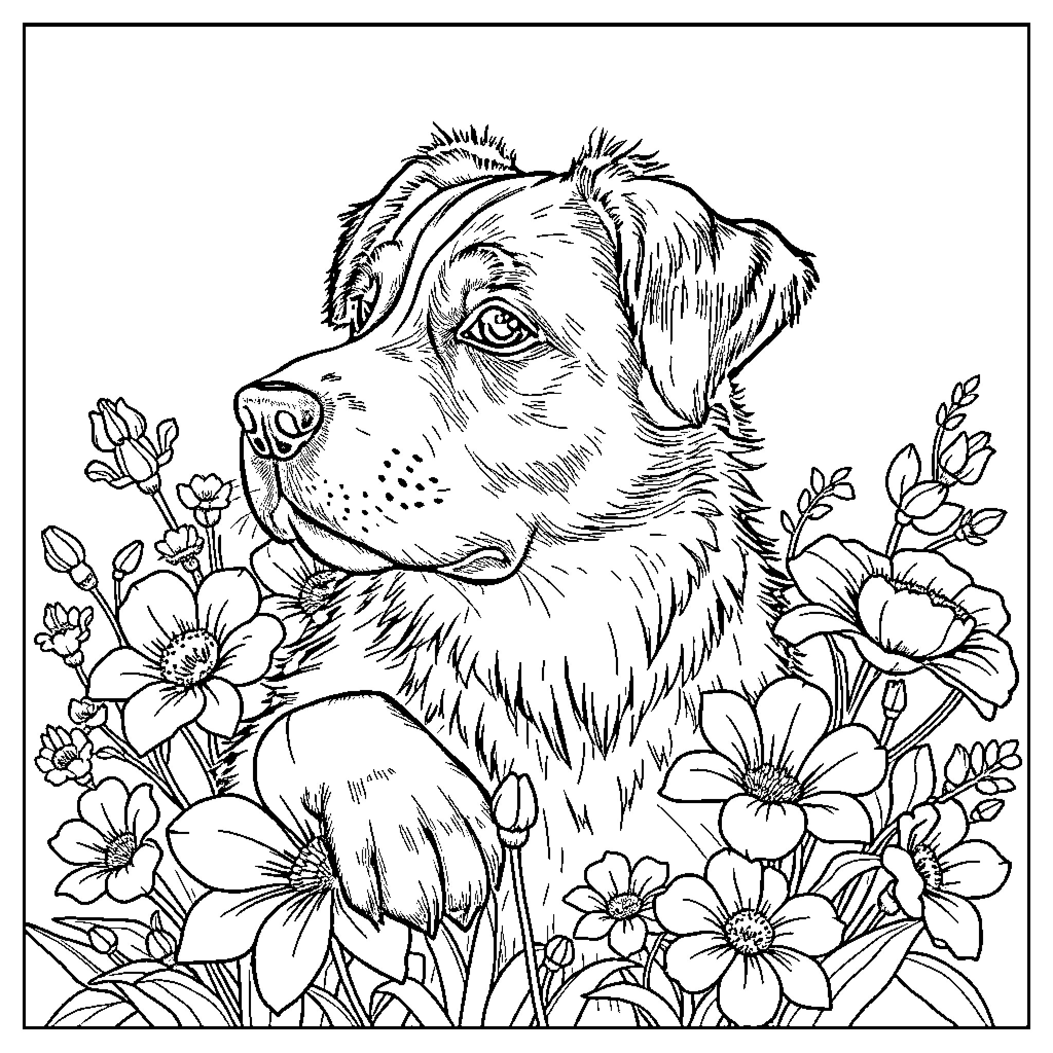 Chien relaxing amidst vibrant floral scene Coloring Page (free black-and-white line drawing printable PDF for all, from beginners to advanced learners, including children, teens, adults, and seniors)