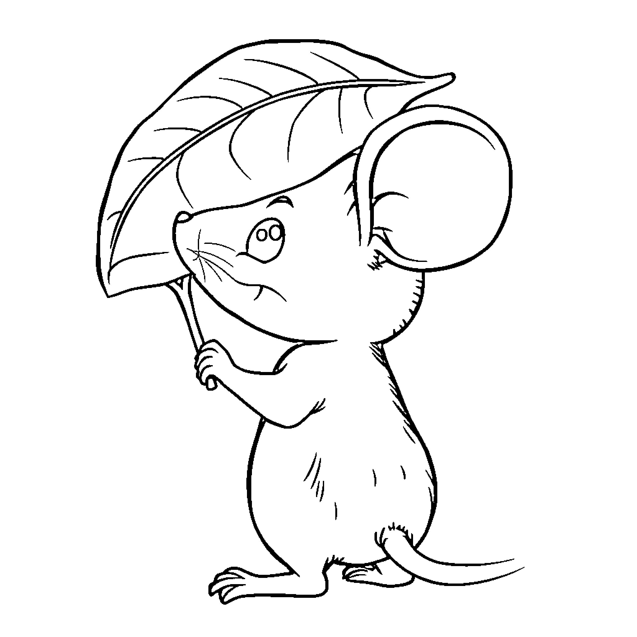 Mouse carrying a large leaf as an umbrella Coloring Page (free black-and-white line drawing printable PDF for all, from beginners to advanced learners, including children, teens, adults, and seniors)