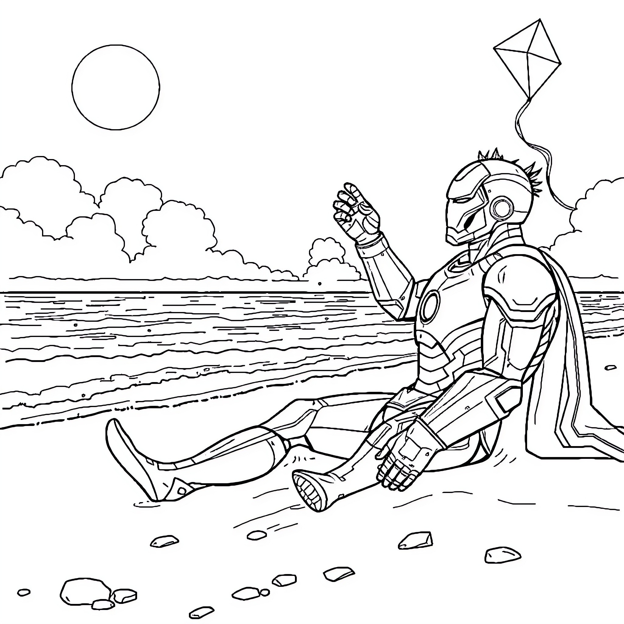 Ironman relaxing on the beach with a kite Coloring Page (free black-and-white line drawing printable PDF for all, from beginners to advanced learners, including children, teens, adults, and seniors)