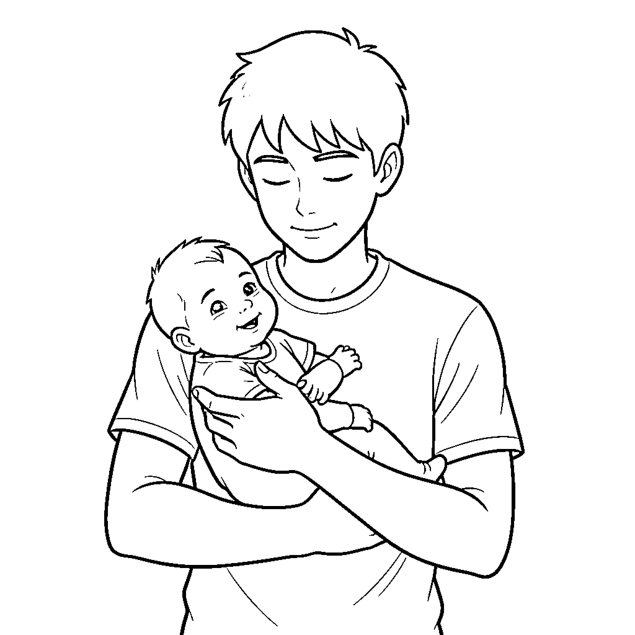 Teen Holding and Comforting Baby Coloring Page (free black-and-white line drawing printable PDF for all, from beginners to advanced learners, including children, teens, adults, and seniors)