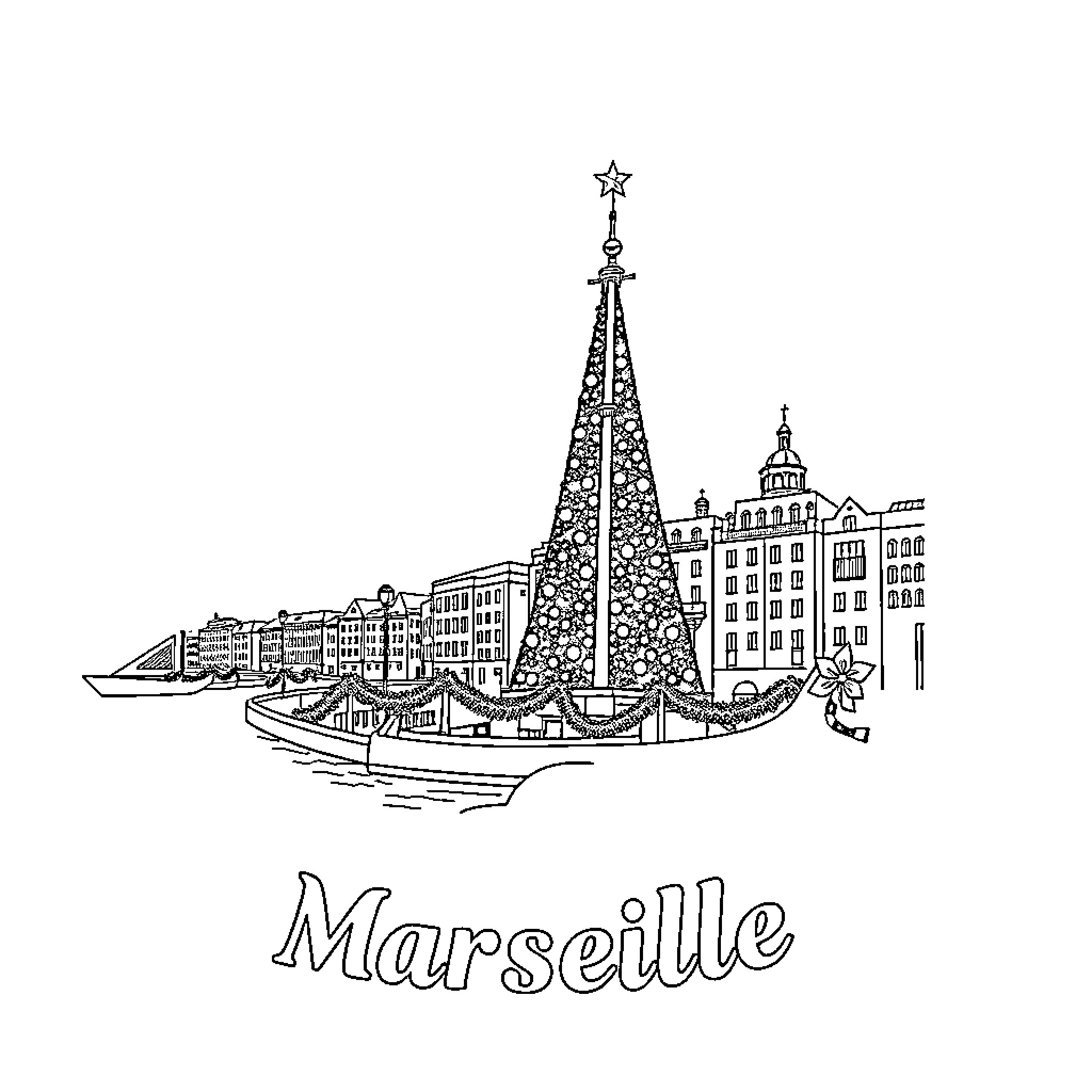 Marseille's Festive Waterfront and Cityscape Coloring Page (free black-and-white line drawing printable PDF for all, from beginners to advanced learners, including children, teens, adults, and seniors)