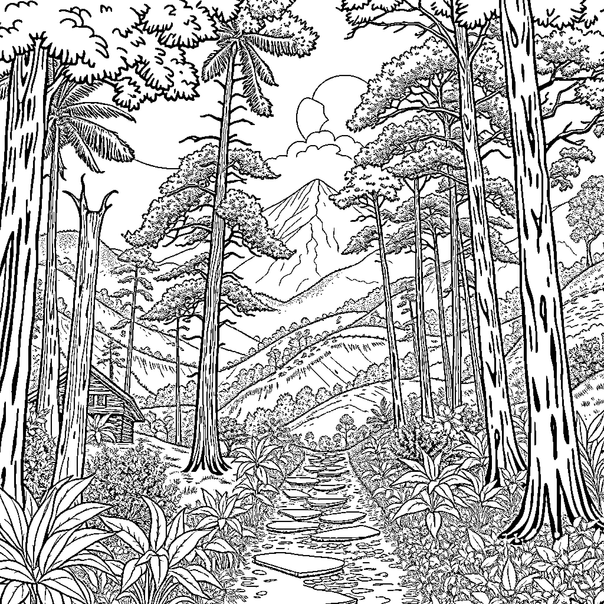 Trail through the lush tropical forest Coloring Page (free black-and-white line drawing printable PDF for all, from beginners to advanced learners, including children, teens, adults, and seniors)