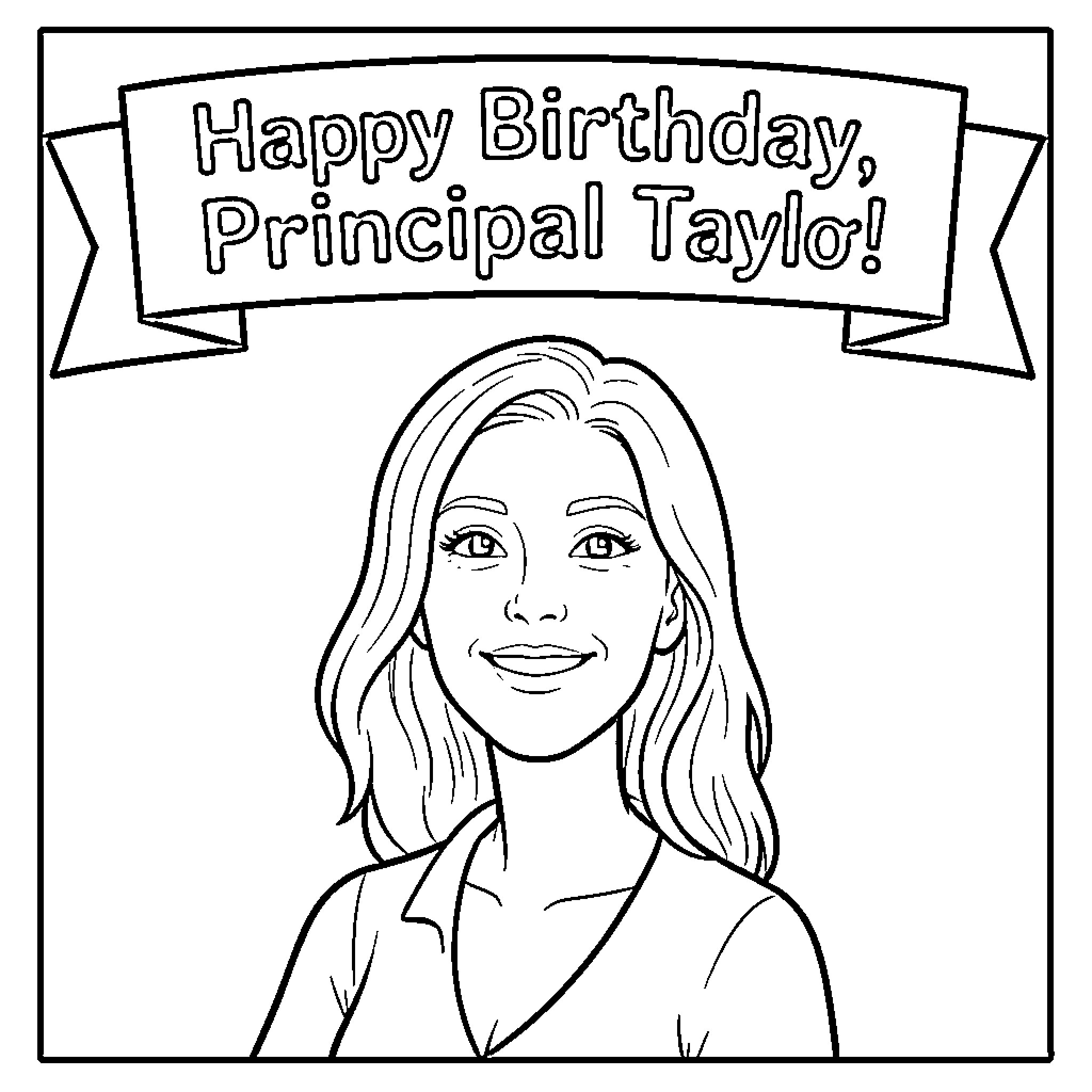Birthday celebration message for a smiling woman Coloring Page (free black-and-white line drawing printable PDF for all, from beginners to advanced learners, including children, teens, adults, and seniors)