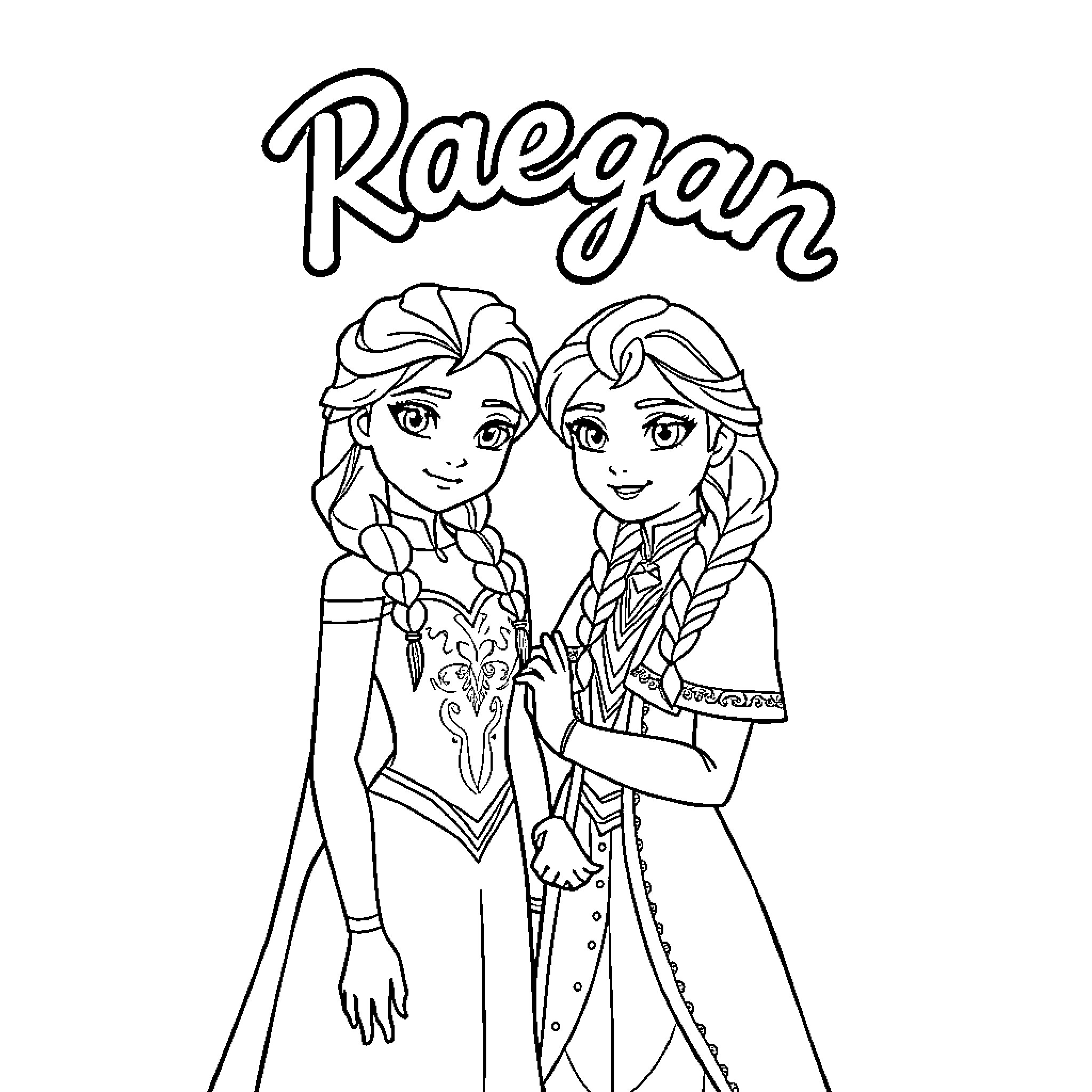 Elsa and Anna in elegant outfits and braided hairstyles Coloring Page (free black-and-white line drawing printable PDF for all, from beginners to advanced learners, including children, teens, adults, and seniors)