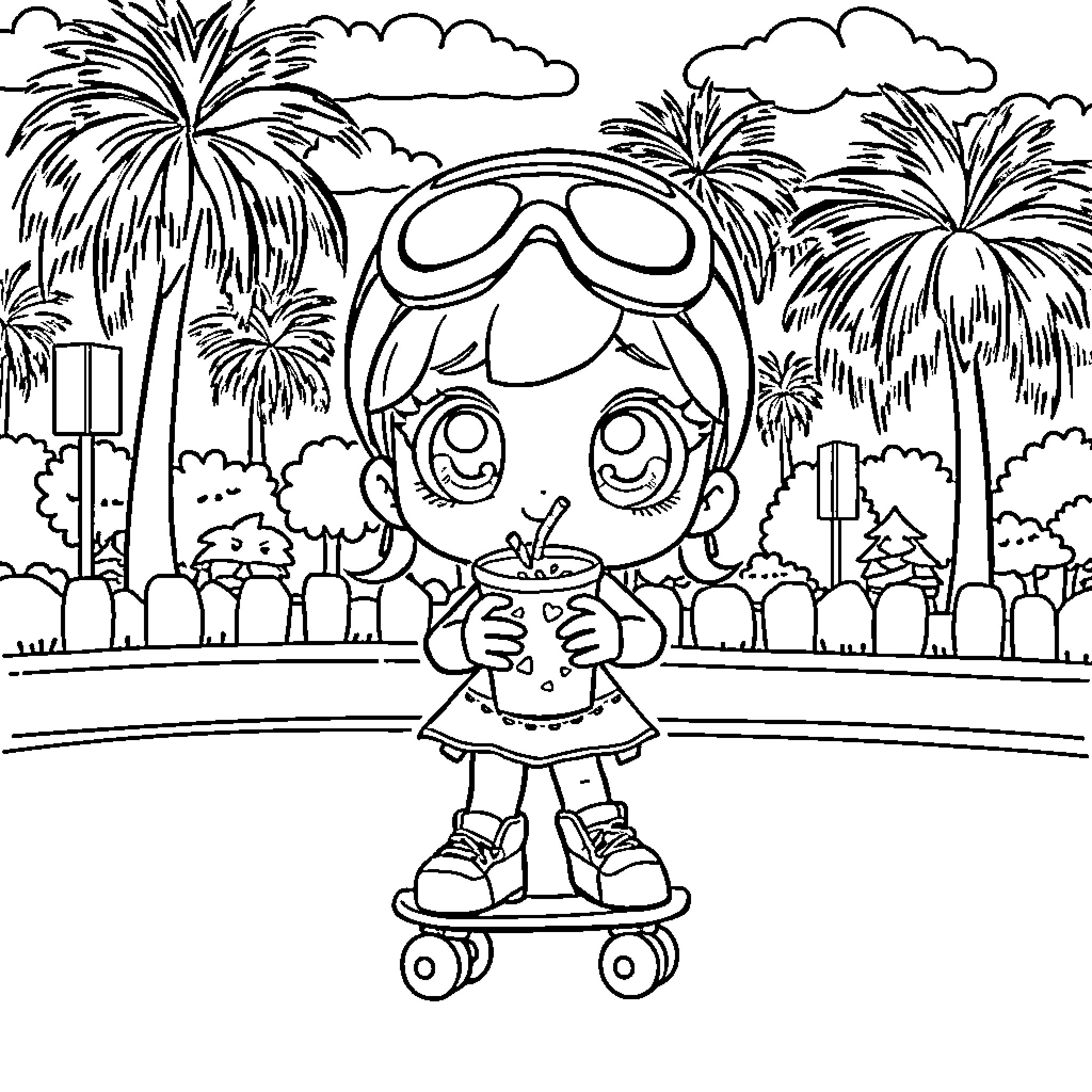 Boba Tea Girl Enjoying a Summer Day on Roller Skates Coloring Page (free black-and-white line drawing printable PDF for all, from beginners to advanced learners, including children, teens, adults, and seniors)