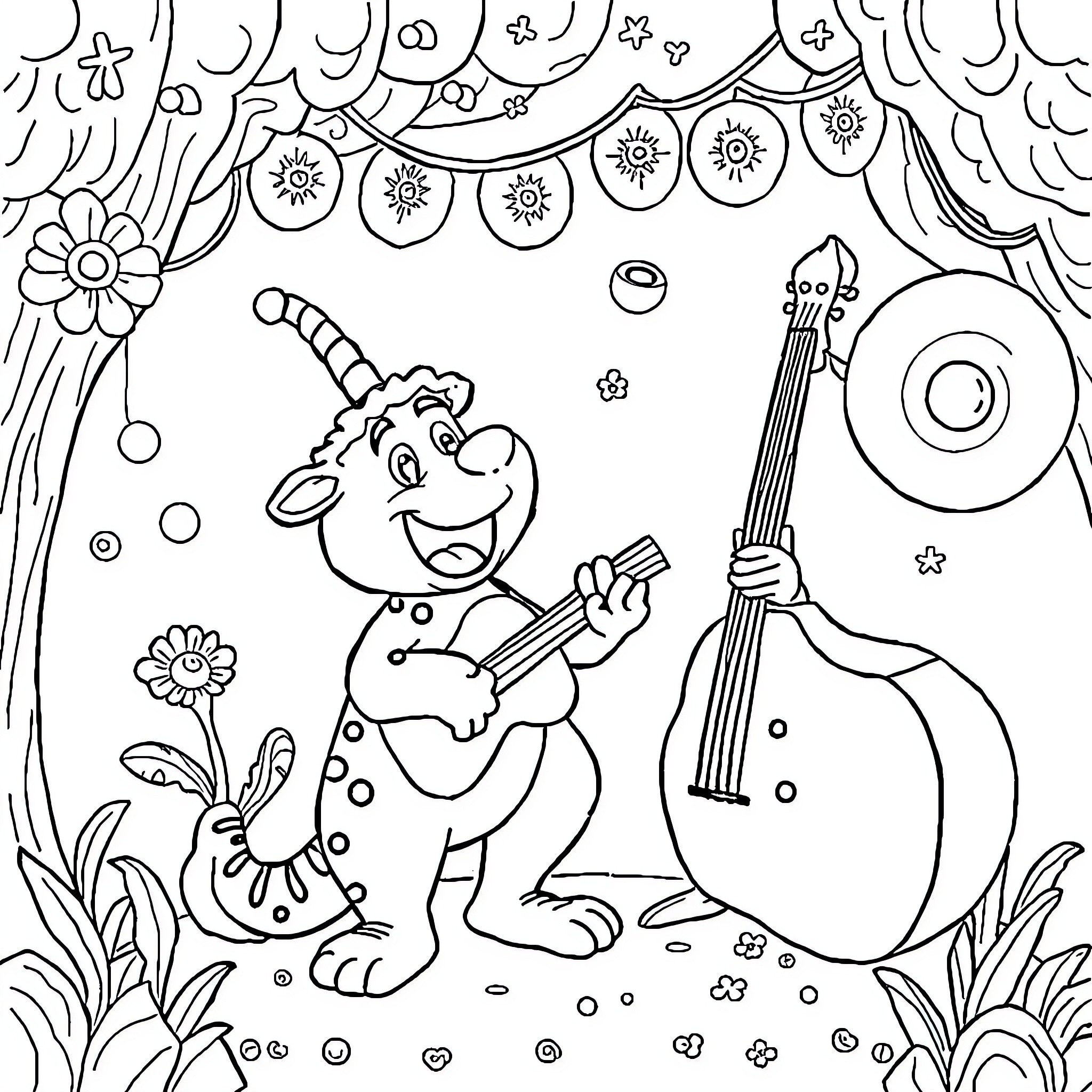Italian Carnival Jester Playing Music in a Whimsical Scene Coloring Page (free black-and-white line drawing printable PDF for all, from beginners to advanced learners, including children, teens, adults, and seniors)