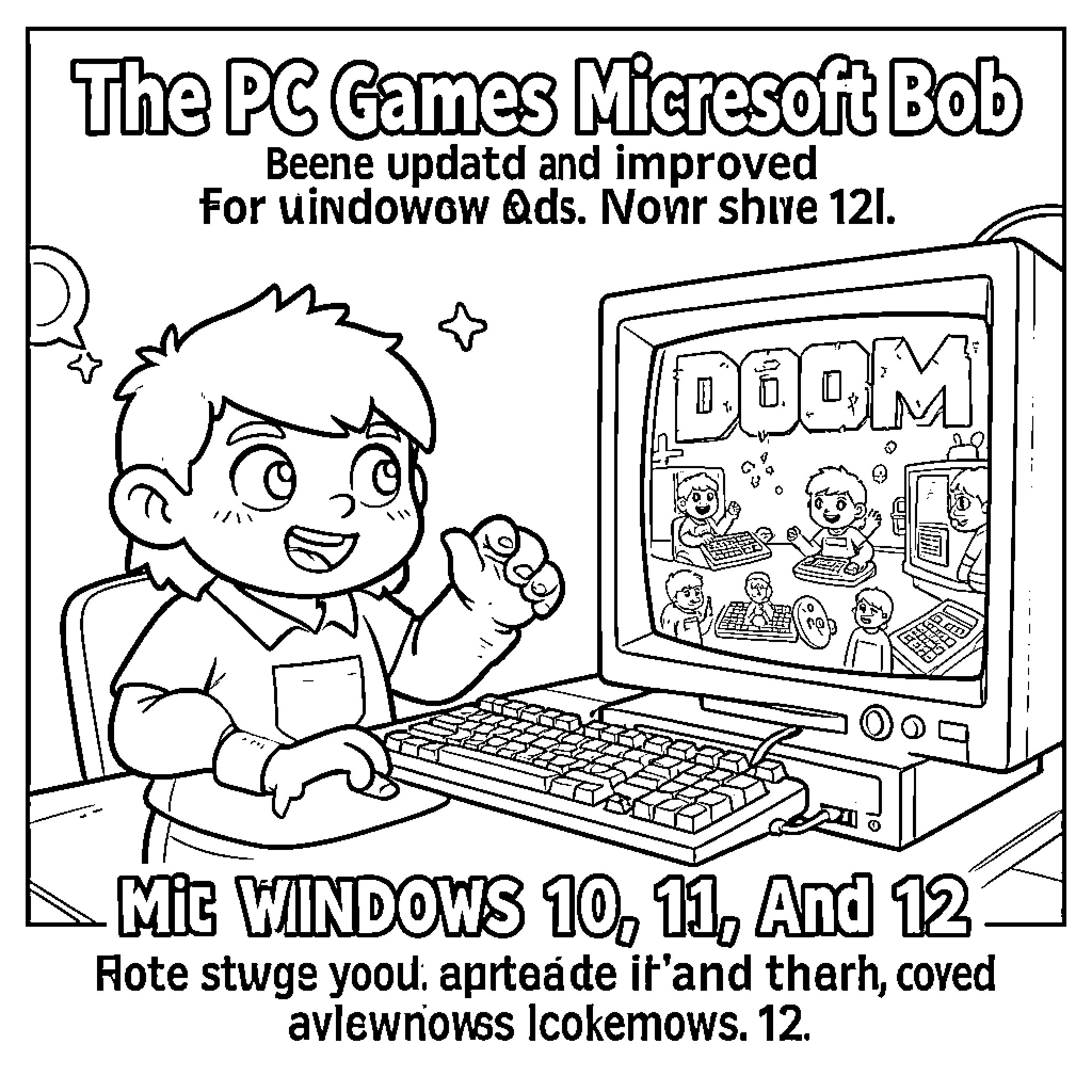 PC Game enthusiast playing an action game on computer Coloring Page (free black-and-white line drawing printable PDF for all, from beginners to advanced learners, including children, teens, adults, and seniors)