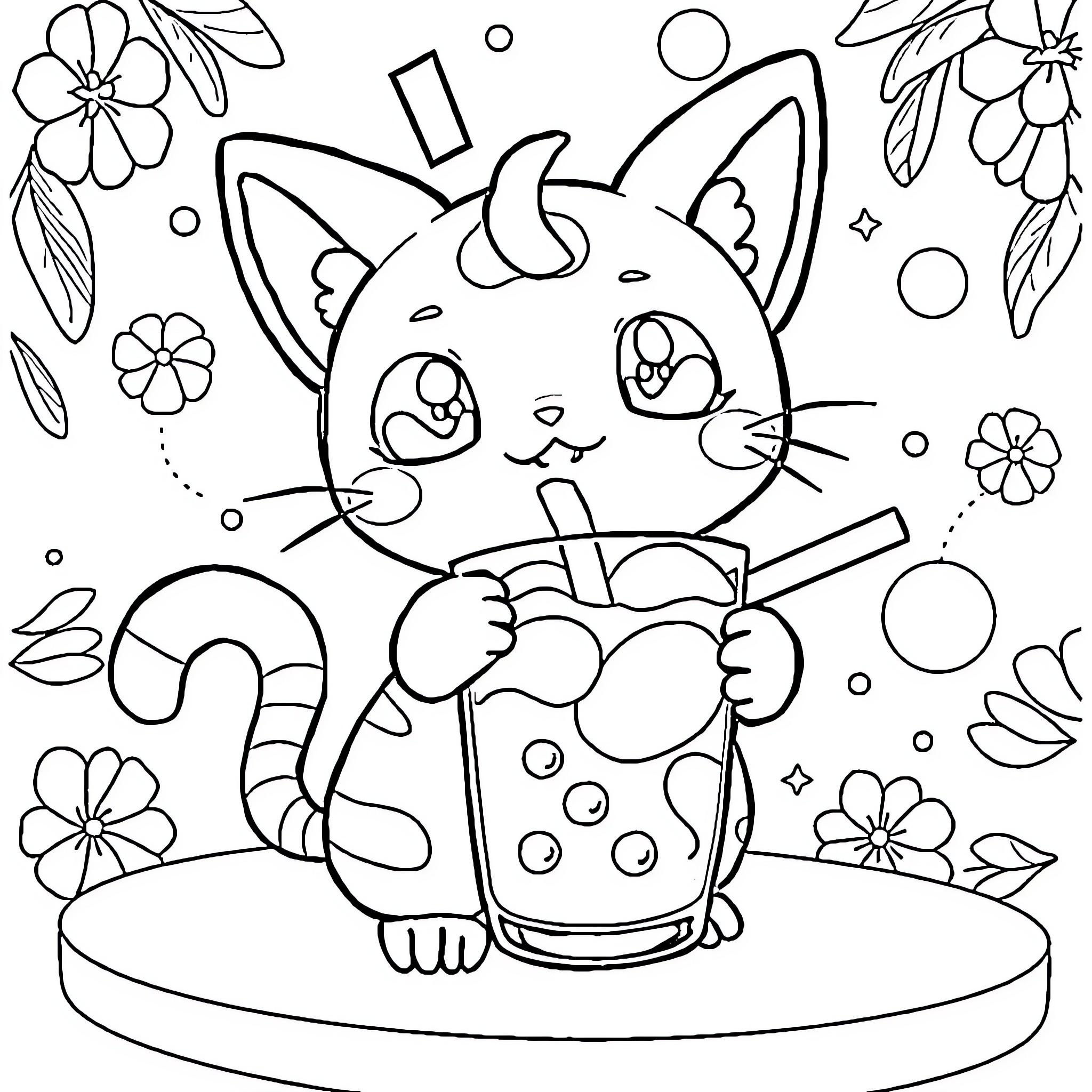 Sprigatito enjoying a bubbly drink amidst a whimsical floral setting Coloring Page (free black-and-white line drawing printable PDF for all, from beginners to advanced learners, including children, teens, adults, and seniors)